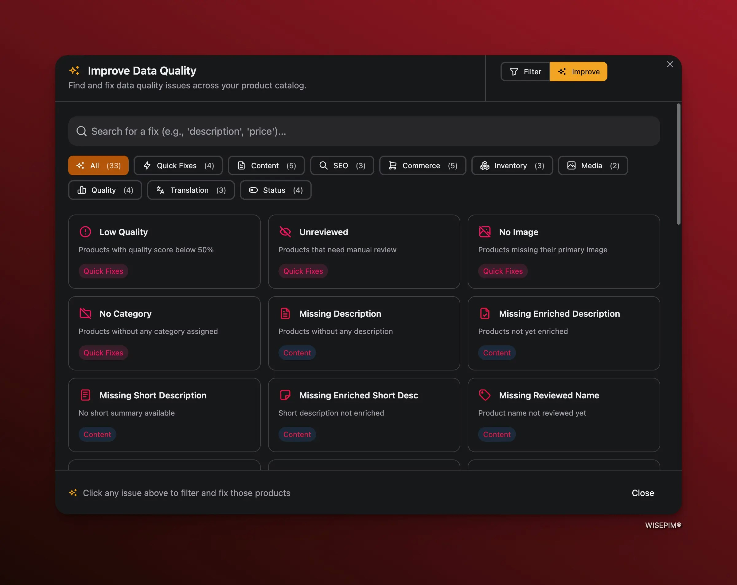 Improve Data Quality tab showing 33 preset filters organized by category like Quick Fixes, Content, SEO, and Commerce