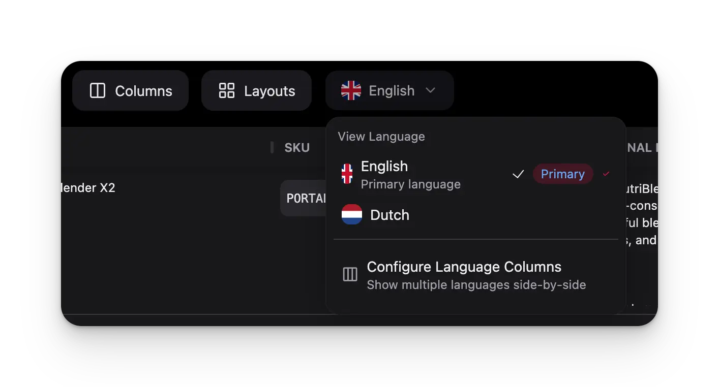 Products page showing the language selector for switching between locales
