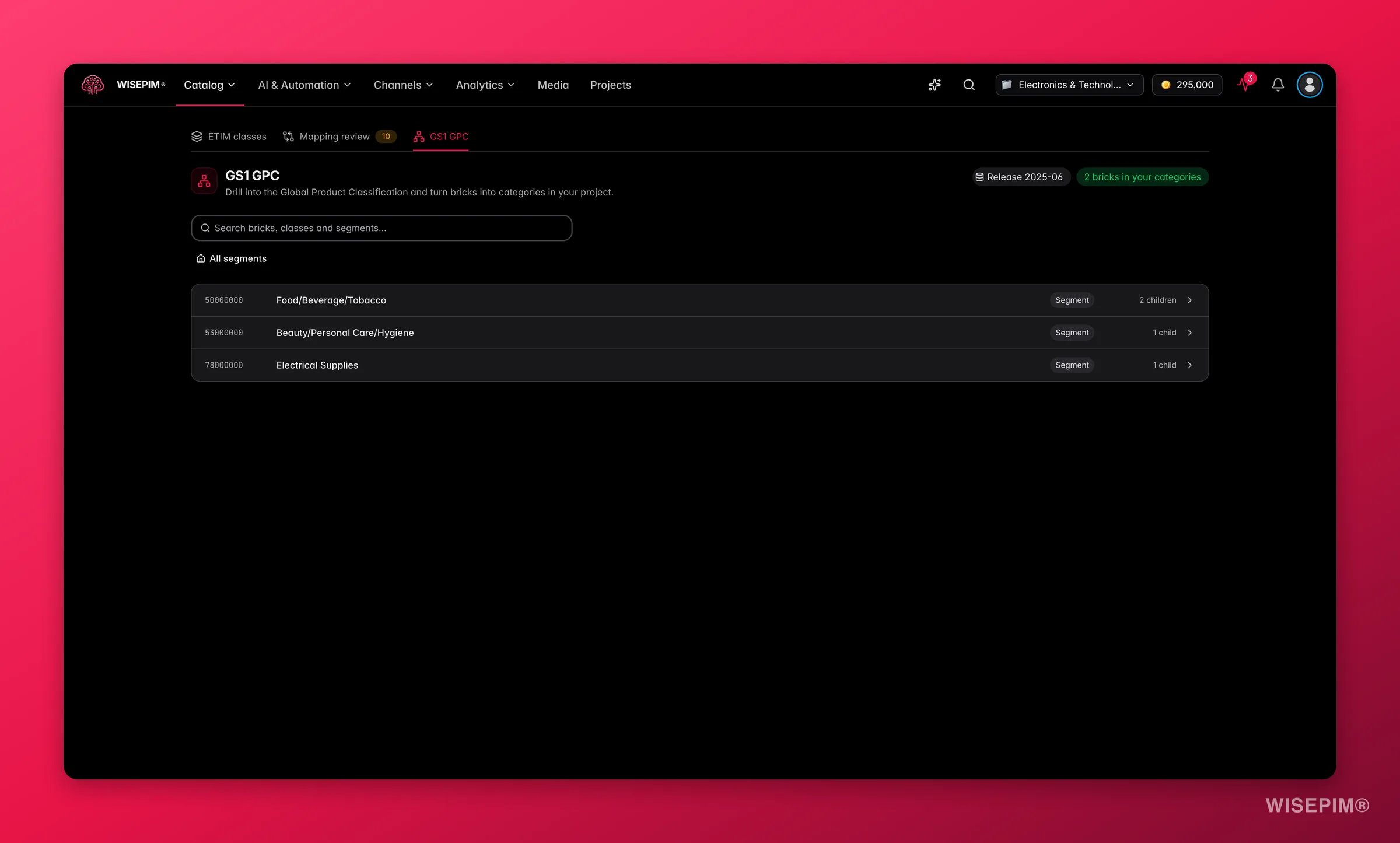 WISEPIM GS1 GPC browser drilling from segments to bricks with add-as-category actions