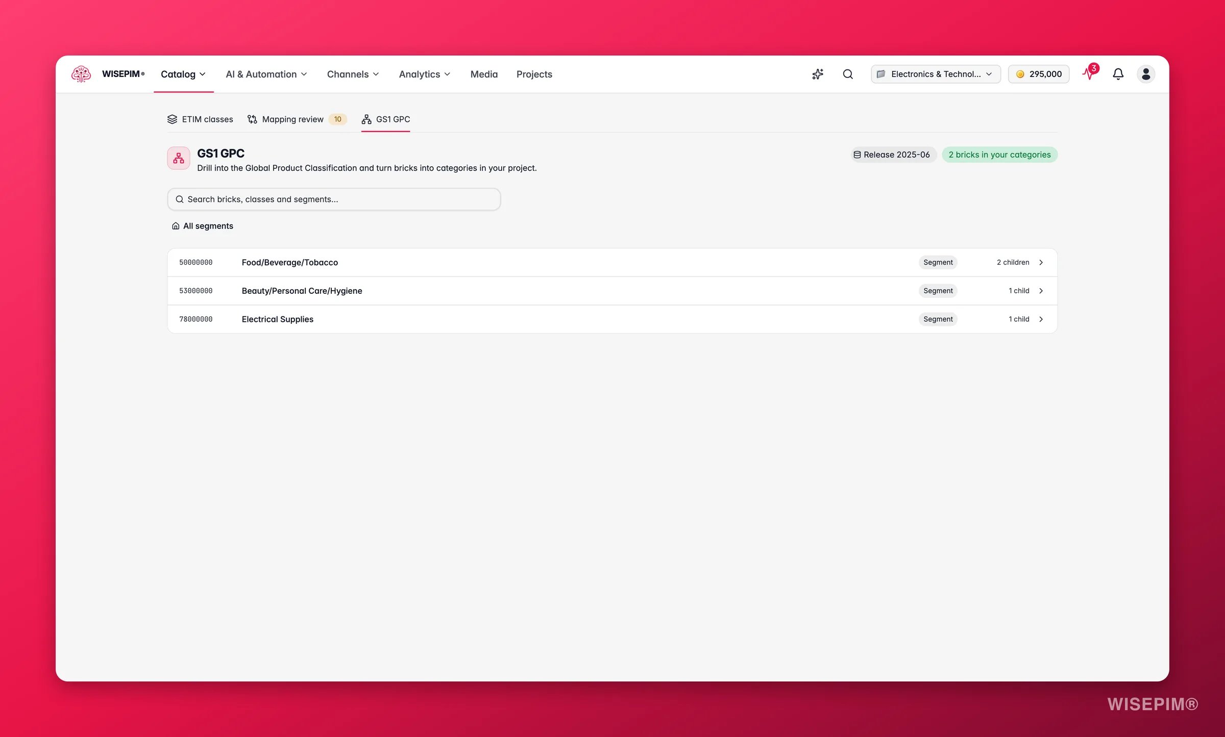 WISEPIM GS1 GPC browser drilling from segments to bricks with add-as-category actions