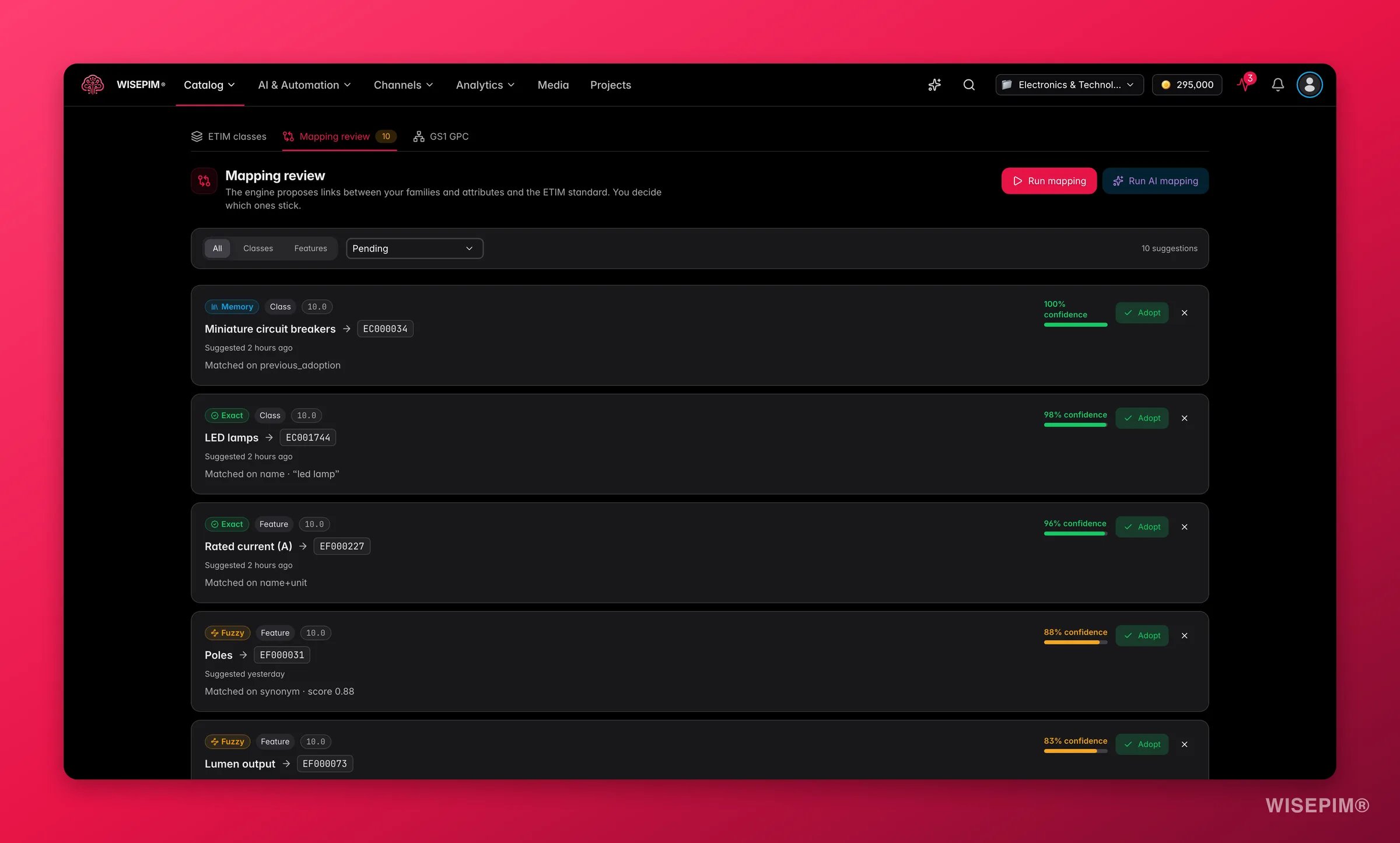 WISEPIM ETIM mapping review queue with tiered suggestions, confidence scores and adopt or dismiss actions