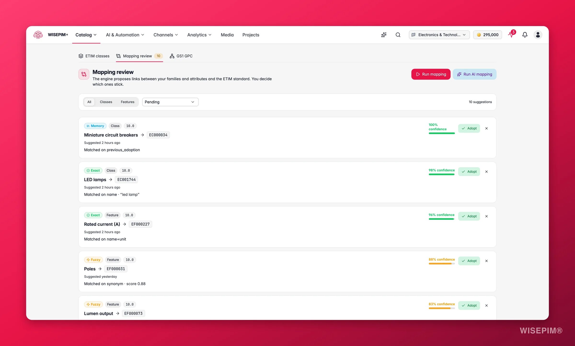 WISEPIM ETIM mapping review queue with tiered suggestions, confidence scores and adopt or dismiss actions
