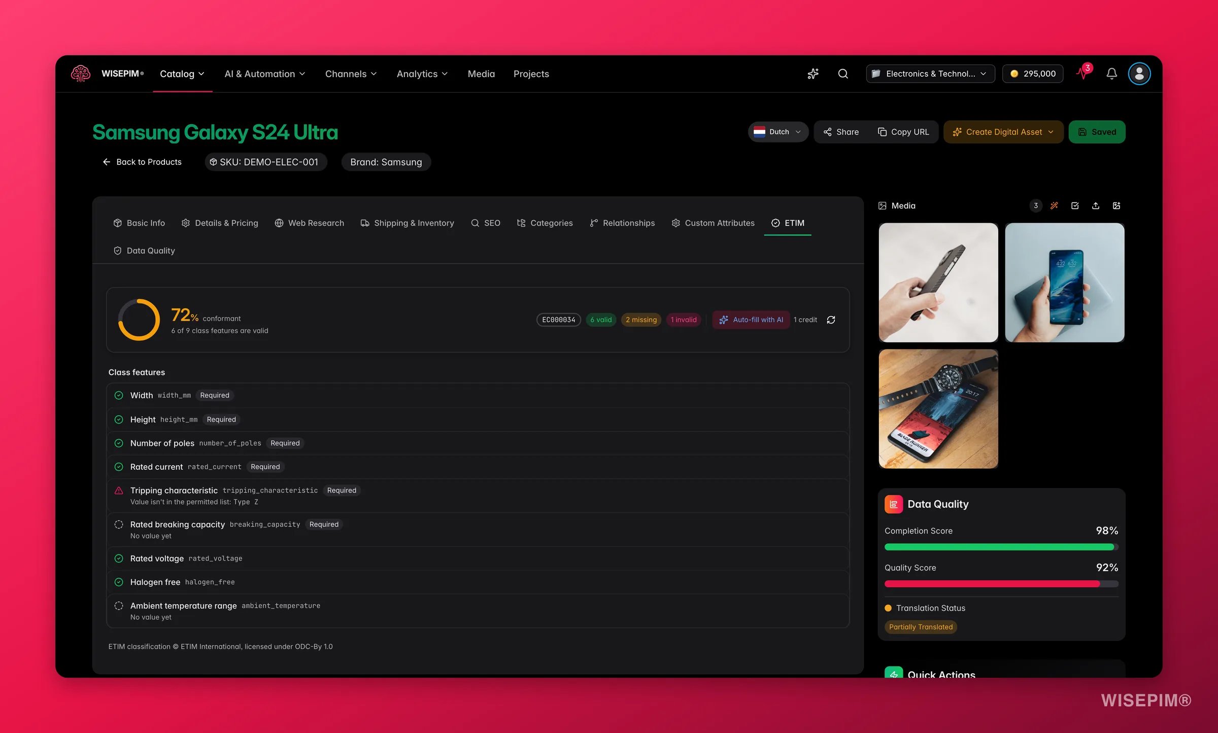 WISEPIM product editor ETIM conformance tab with readiness score, per-feature validation and AI auto-fill