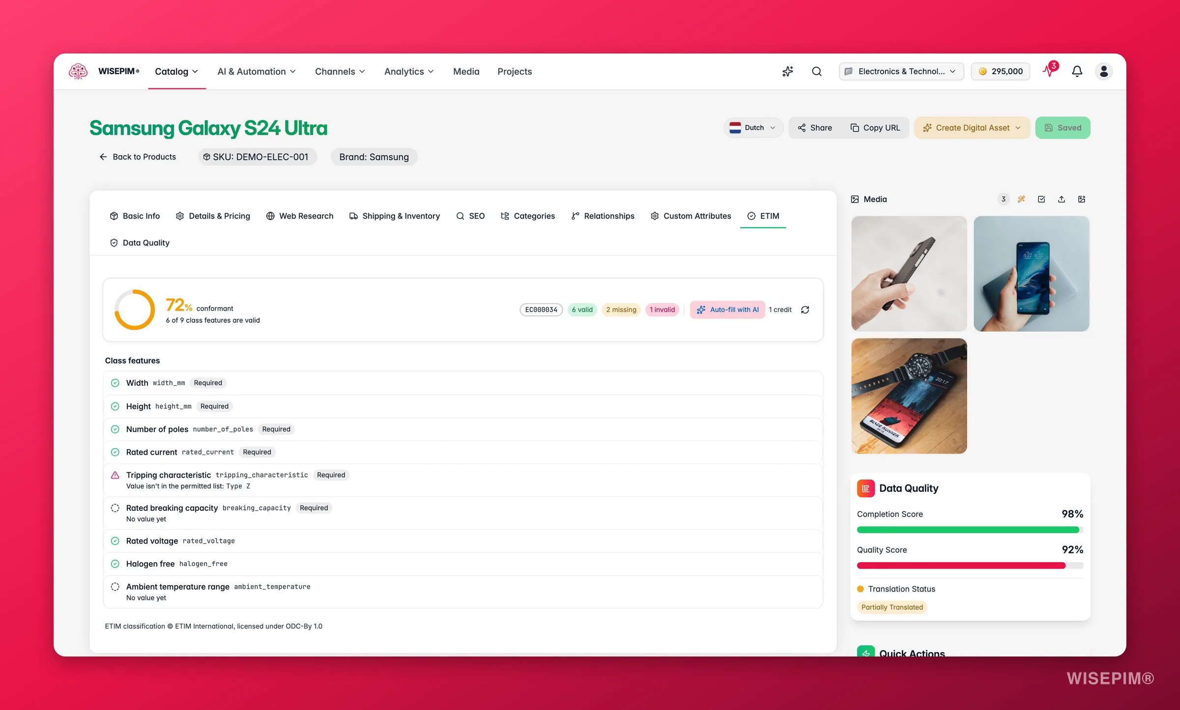 WISEPIM product editor ETIM conformance tab with readiness score, per-feature validation and AI auto-fill
