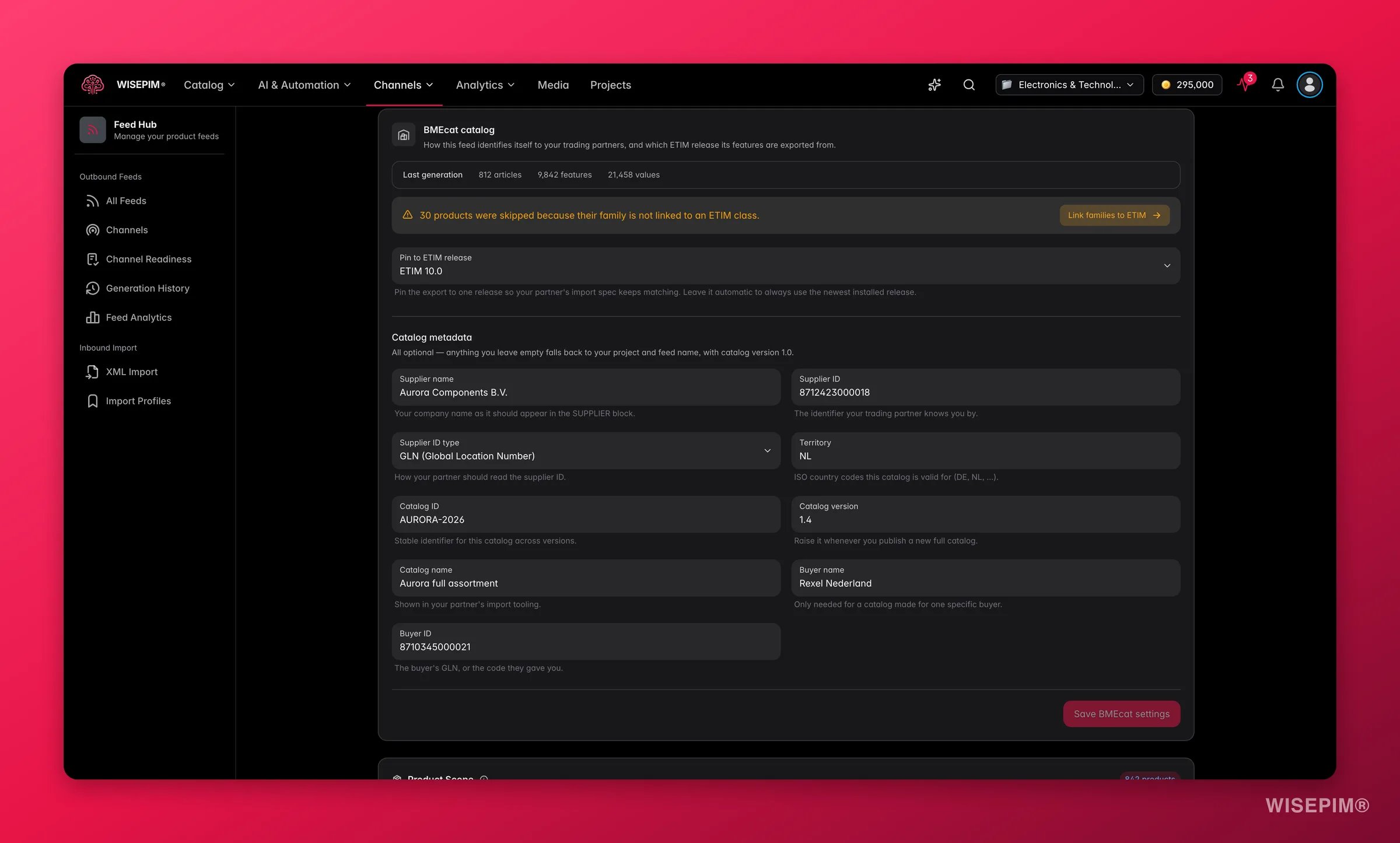 WISEPIM Feed Hub BMEcat feed - ETIM release pinning, generation stats and catalog metadata for trading partners
