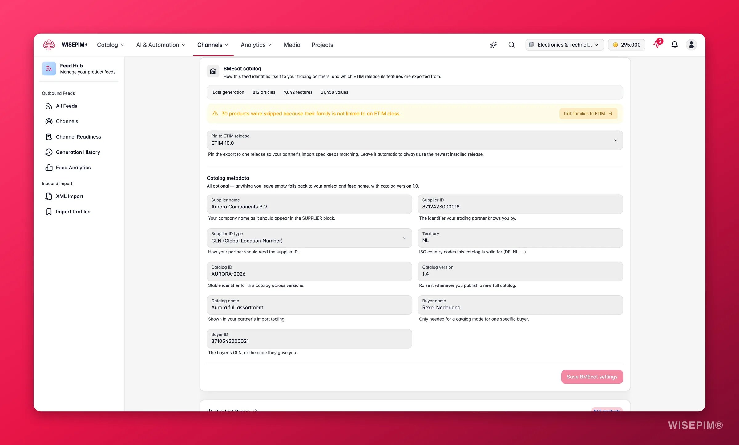 WISEPIM Feed Hub BMEcat feed - ETIM release pinning, generation stats and catalog metadata for trading partners