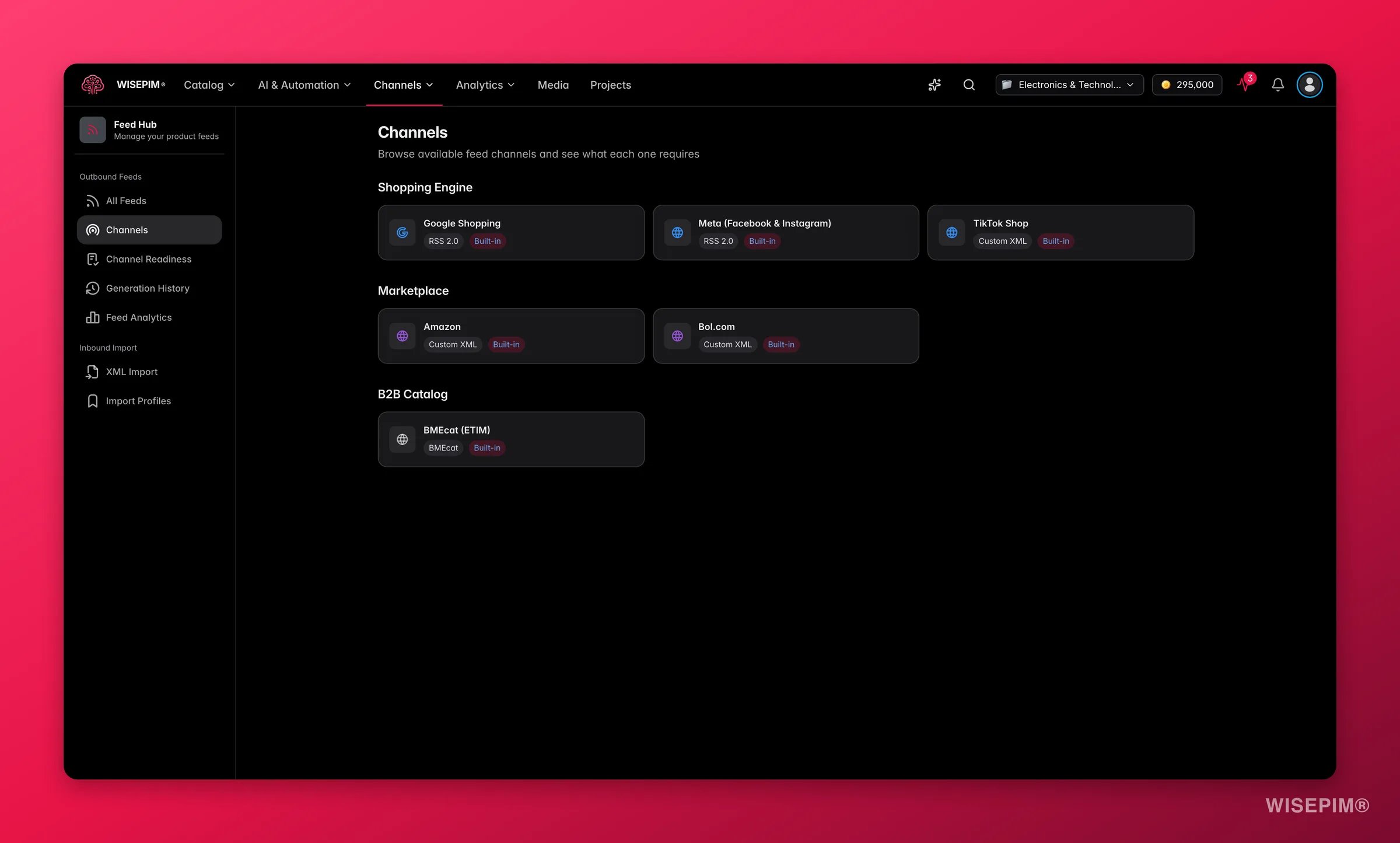 WISEPIM Feed Hub channel catalog for marketplaces and ad platforms