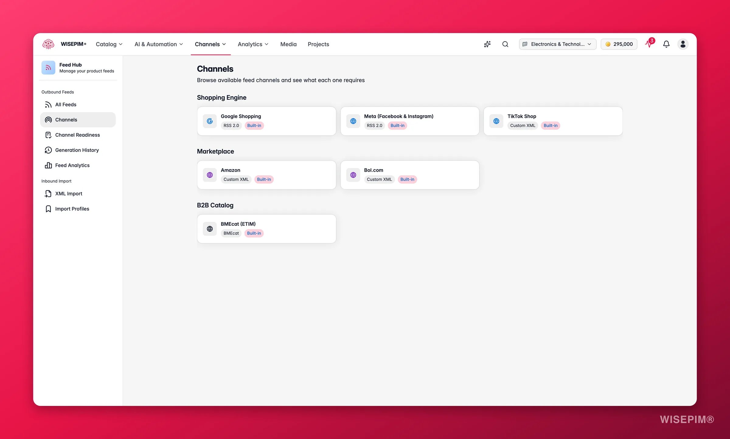 WISEPIM Feed Hub channel catalog for marketplaces and ad platforms
