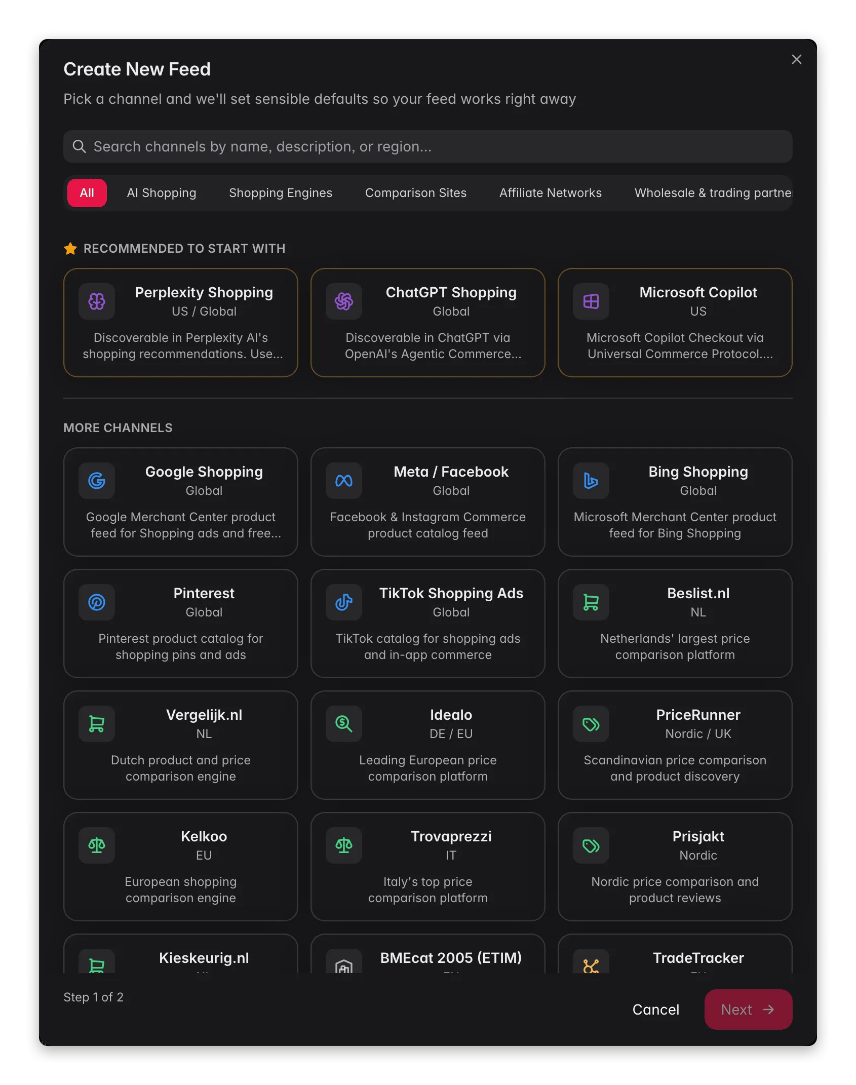 WISEPIM Feed Hub create-feed wizard choosing a channel from Google, Meta and marketplaces