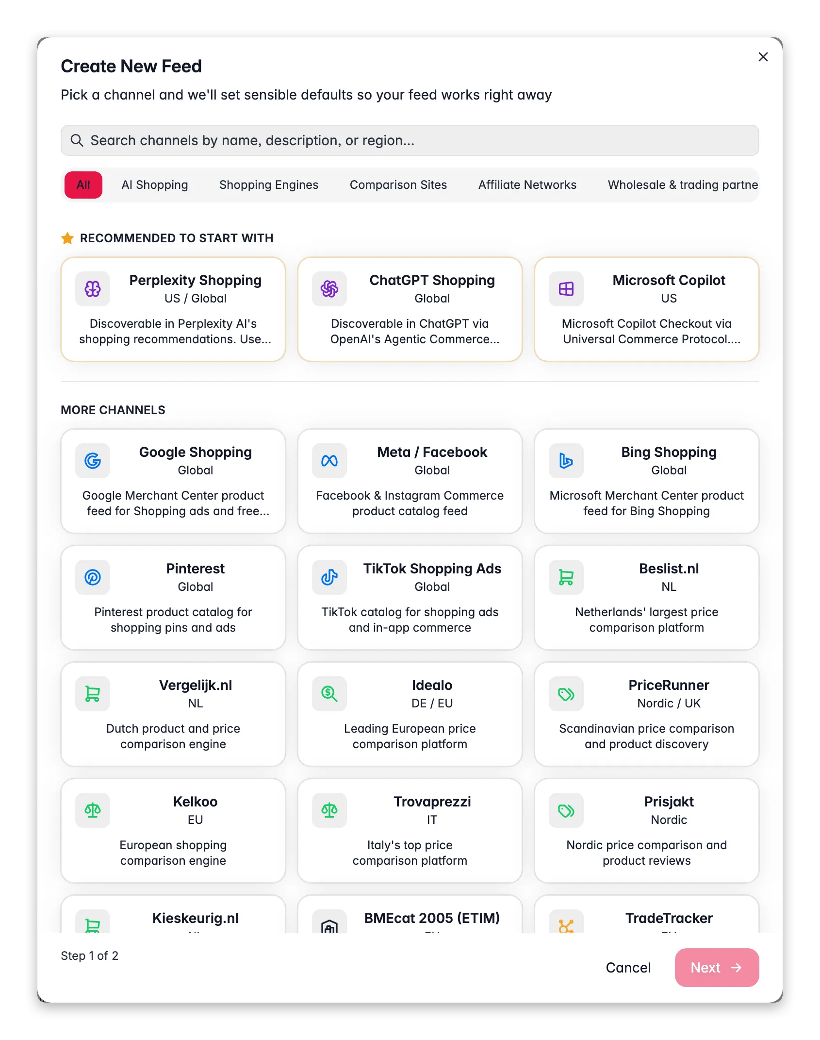 WISEPIM Feed Hub create-feed wizard choosing a channel from Google, Meta and marketplaces