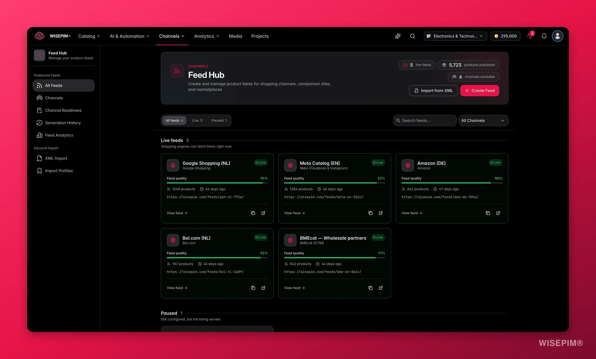 WISEPIM Feed Hub with outbound channel feeds and sync status