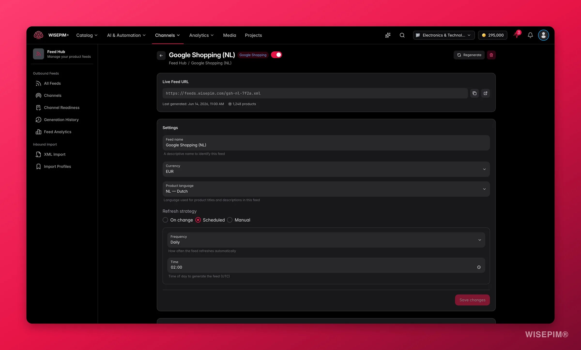 WISEPIM Feed Hub feed editor with field mappings, scheduling and a feed quality score