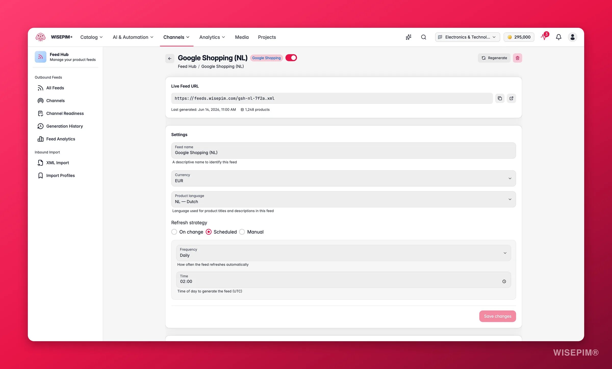 WISEPIM Feed Hub feed editor with field mappings, scheduling and a feed quality score