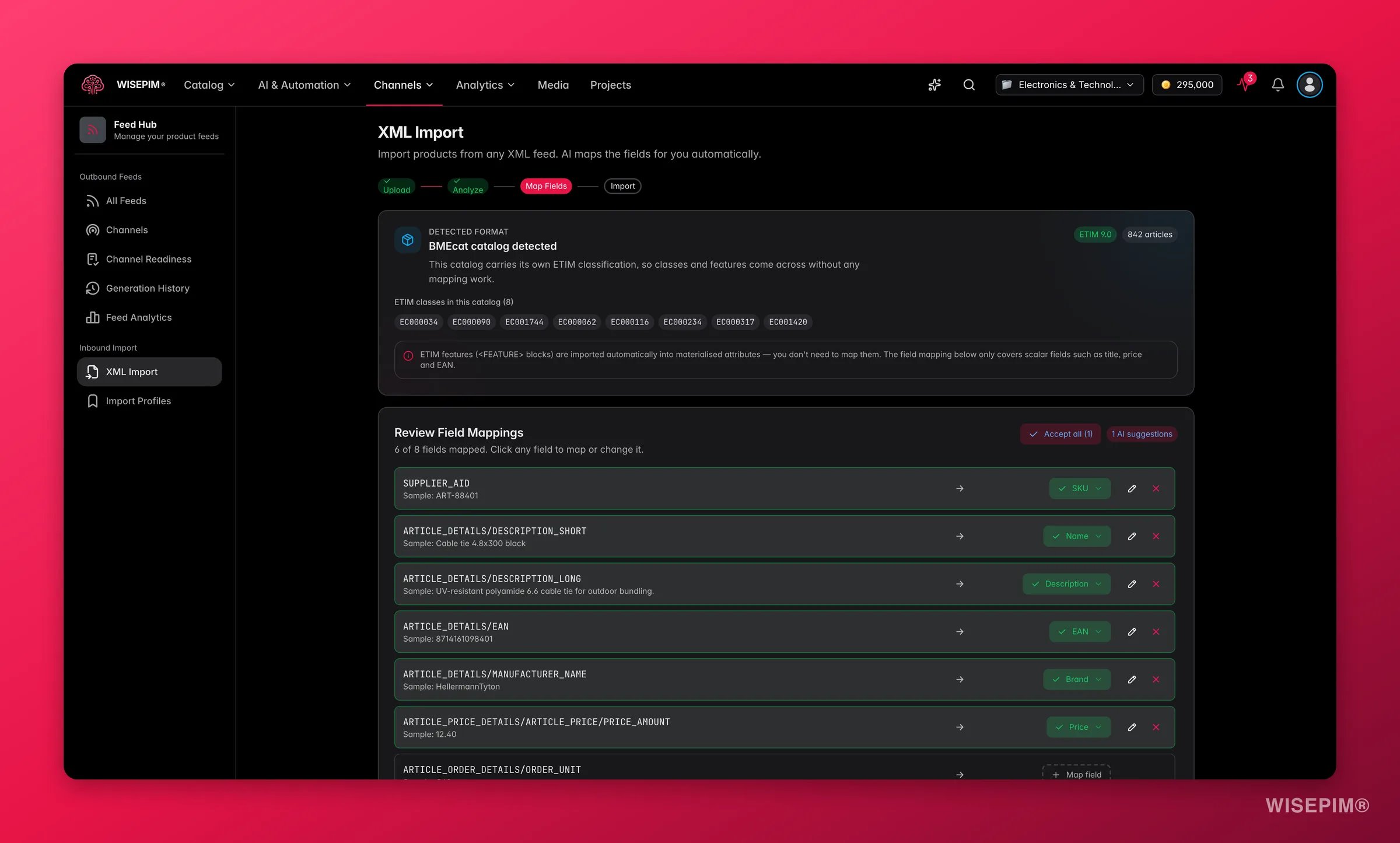 WISEPIM Feed Hub BMEcat import - detected ETIM release and class codes, with features imported automatically
