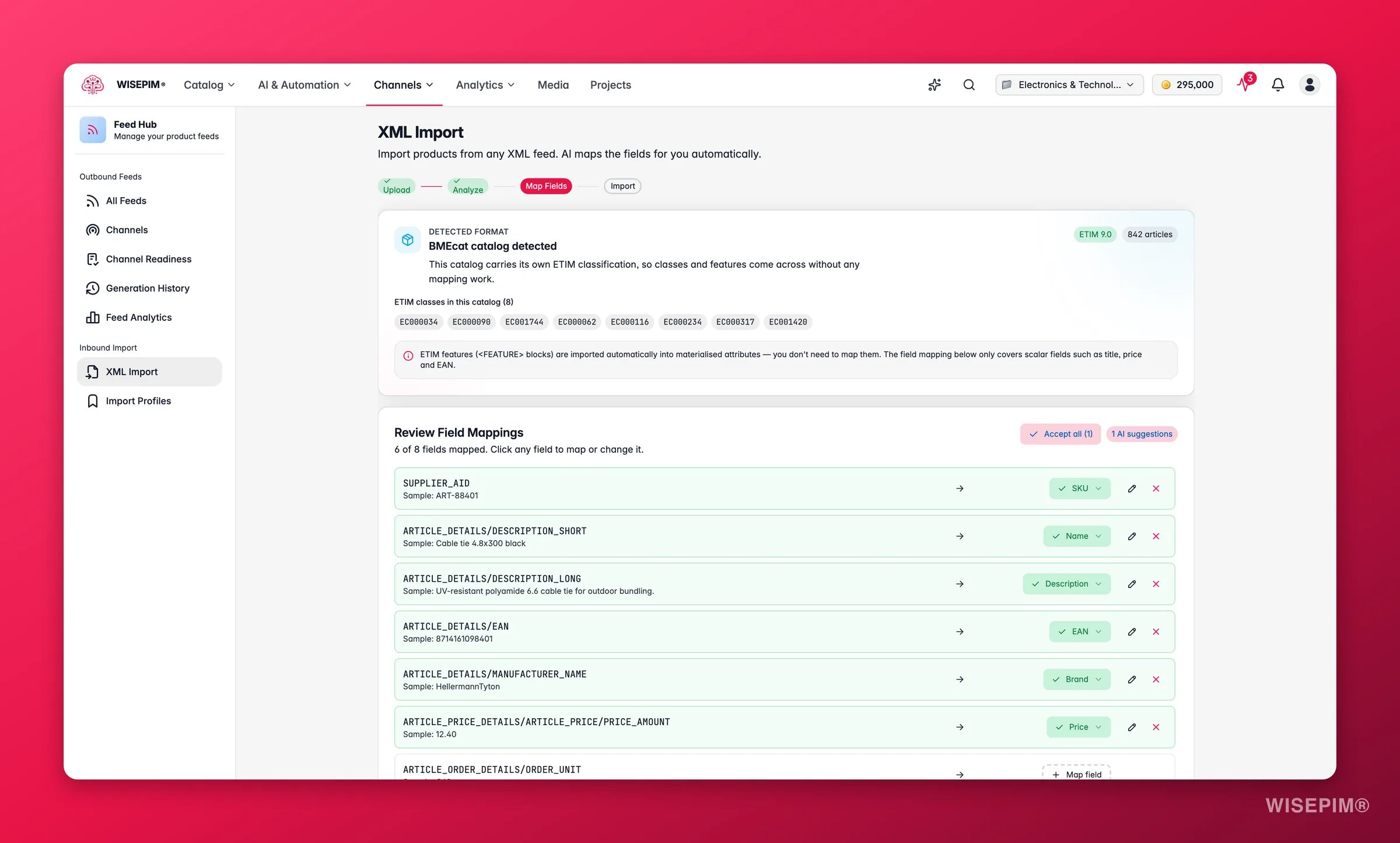 WISEPIM Feed Hub BMEcat import - detected ETIM release and class codes, with features imported automatically