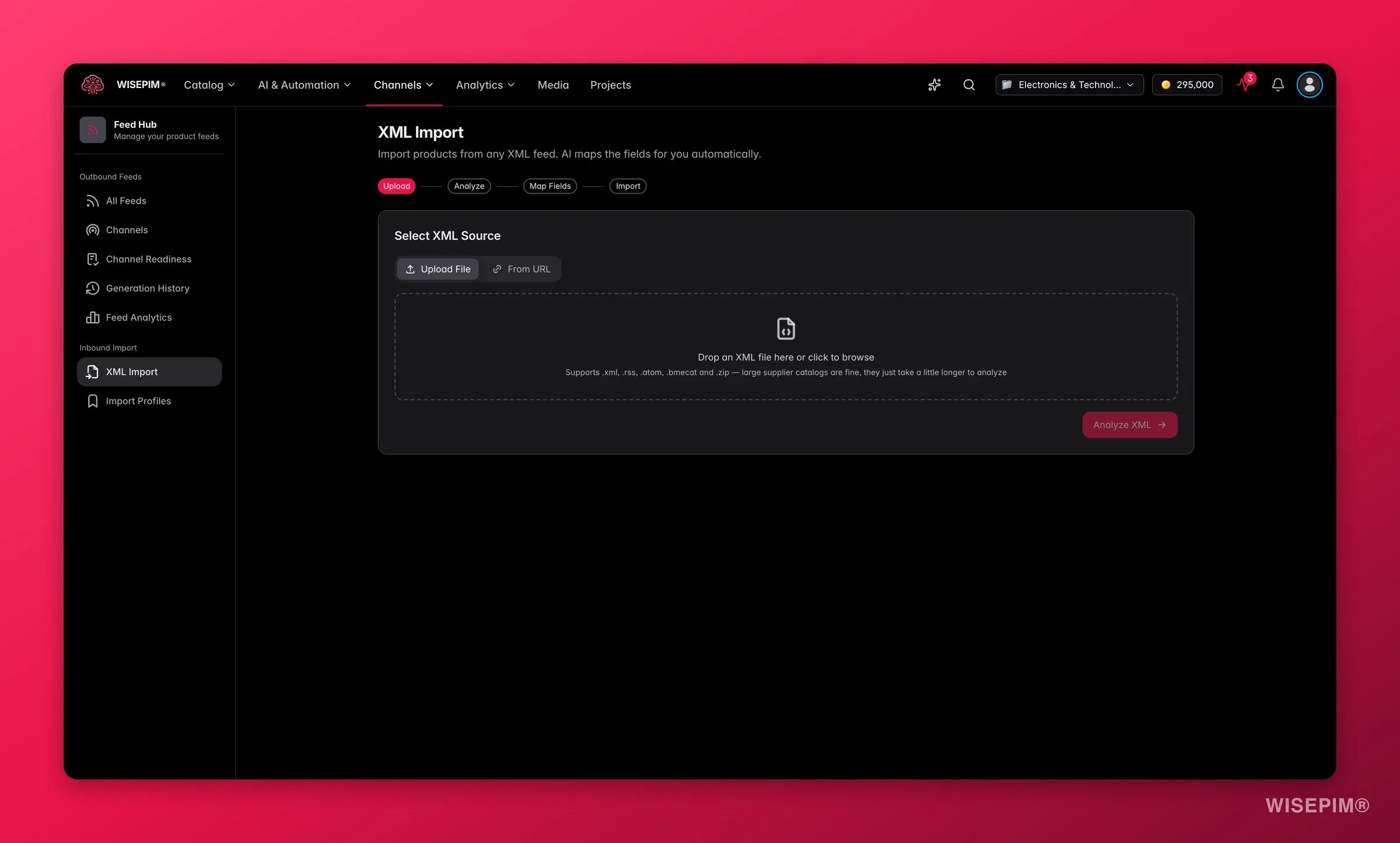 WISEPIM Feed Hub XML import with field auto-mapping