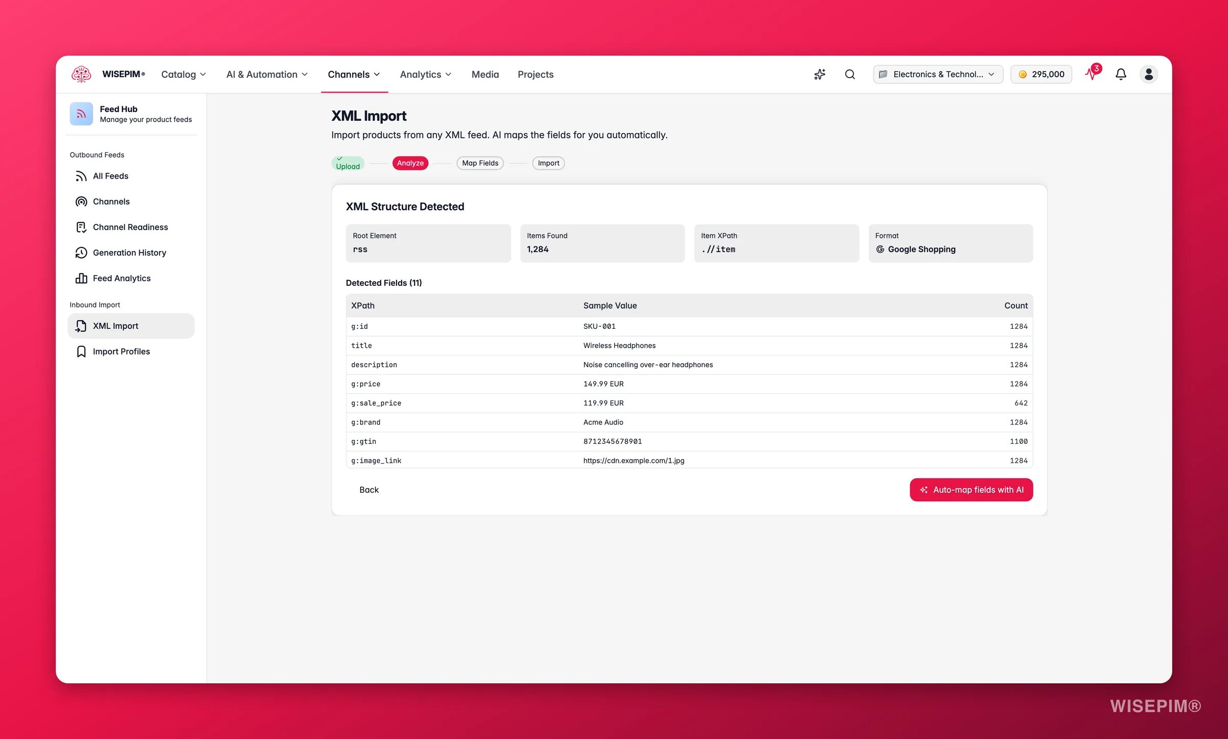 WISEPIM Feed Hub XML import - detected structure with item count, XPaths and sample values