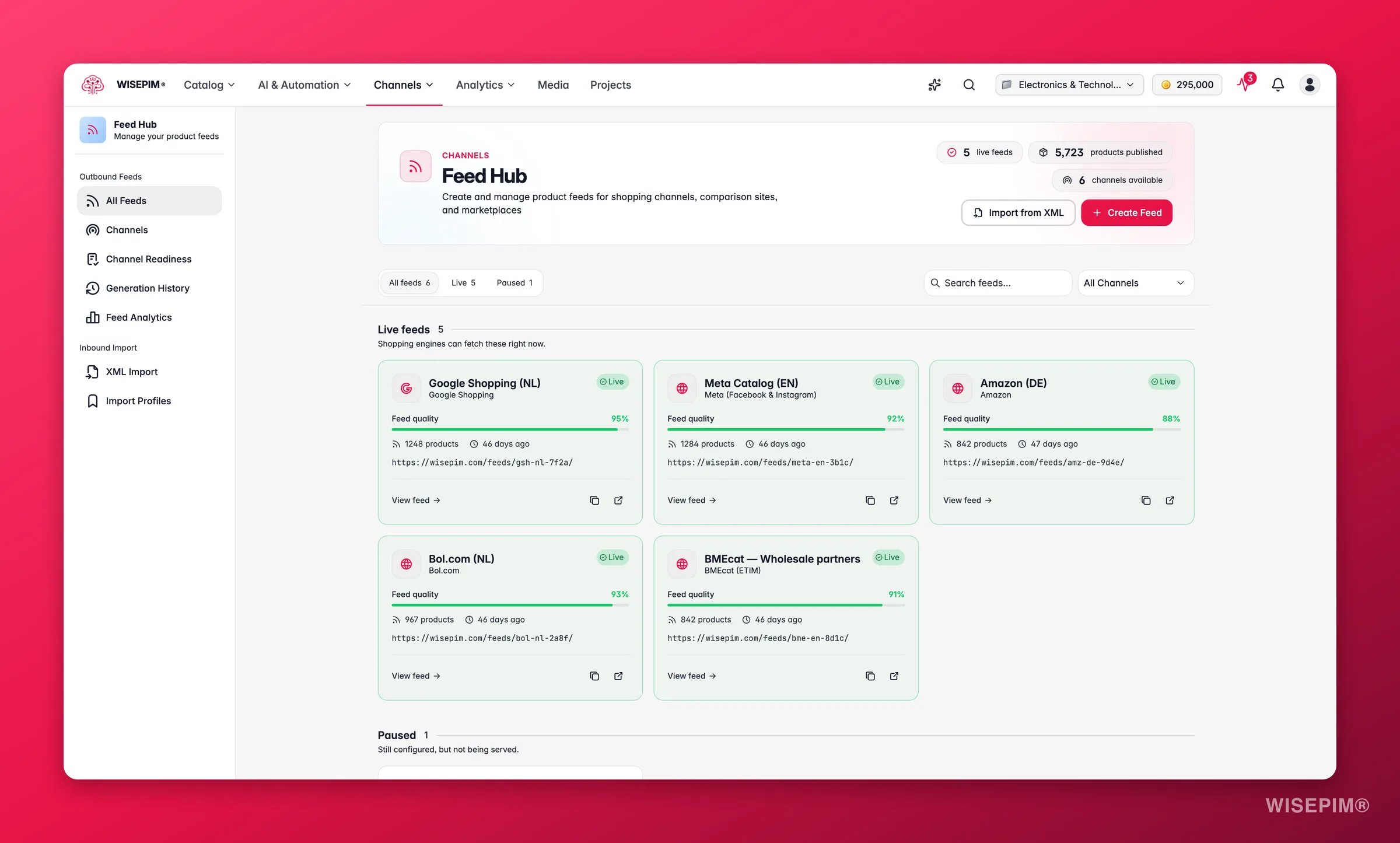 WISEPIM Feed Hub with outbound channel feeds and sync status
