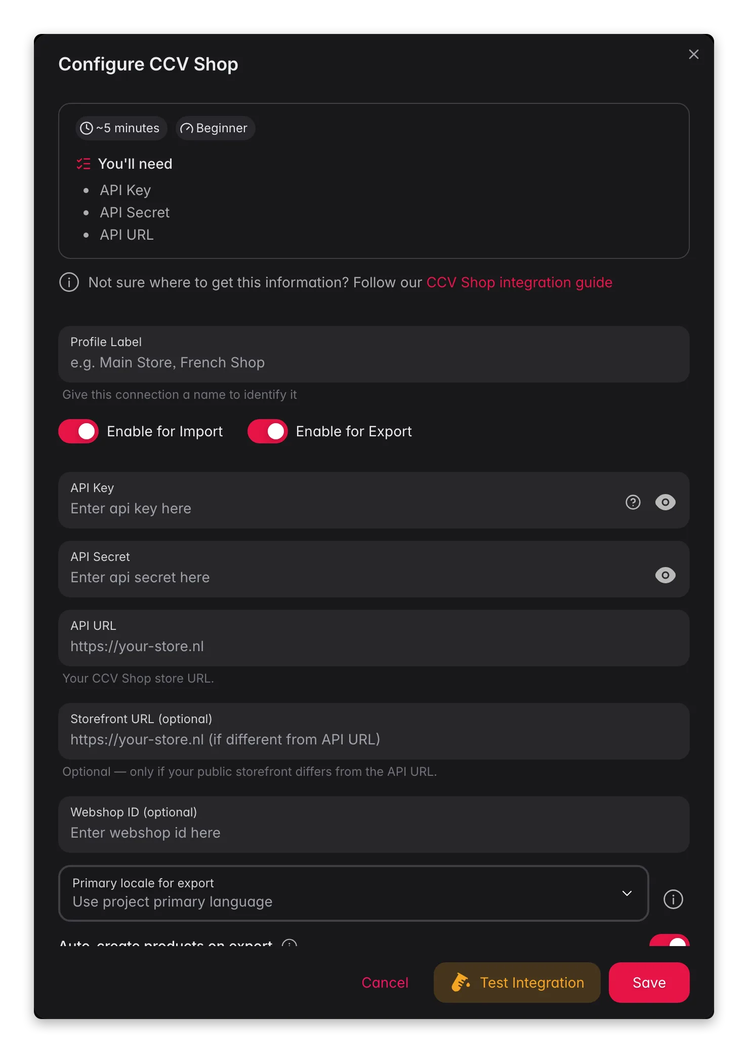 Connecting CCV Shop to WISEPIM, credentials, locale mapping and a live connection test