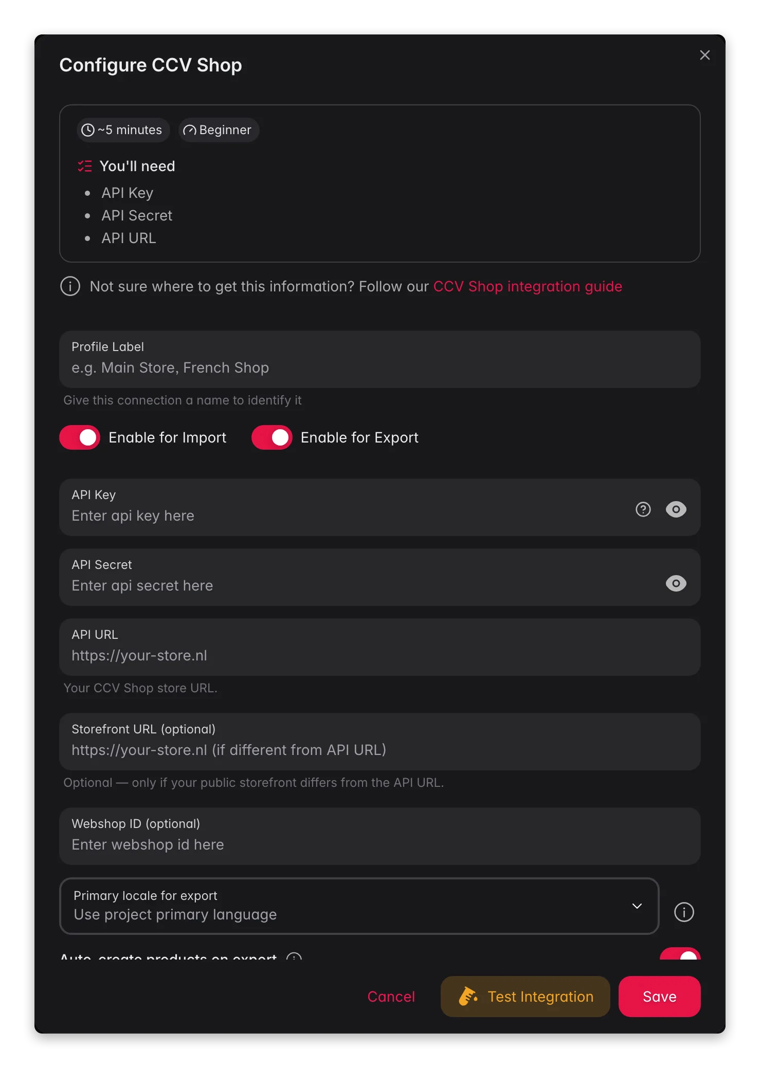 Connecting CCV Shop to WISEPIM, credentials, locale mapping and a live connection test