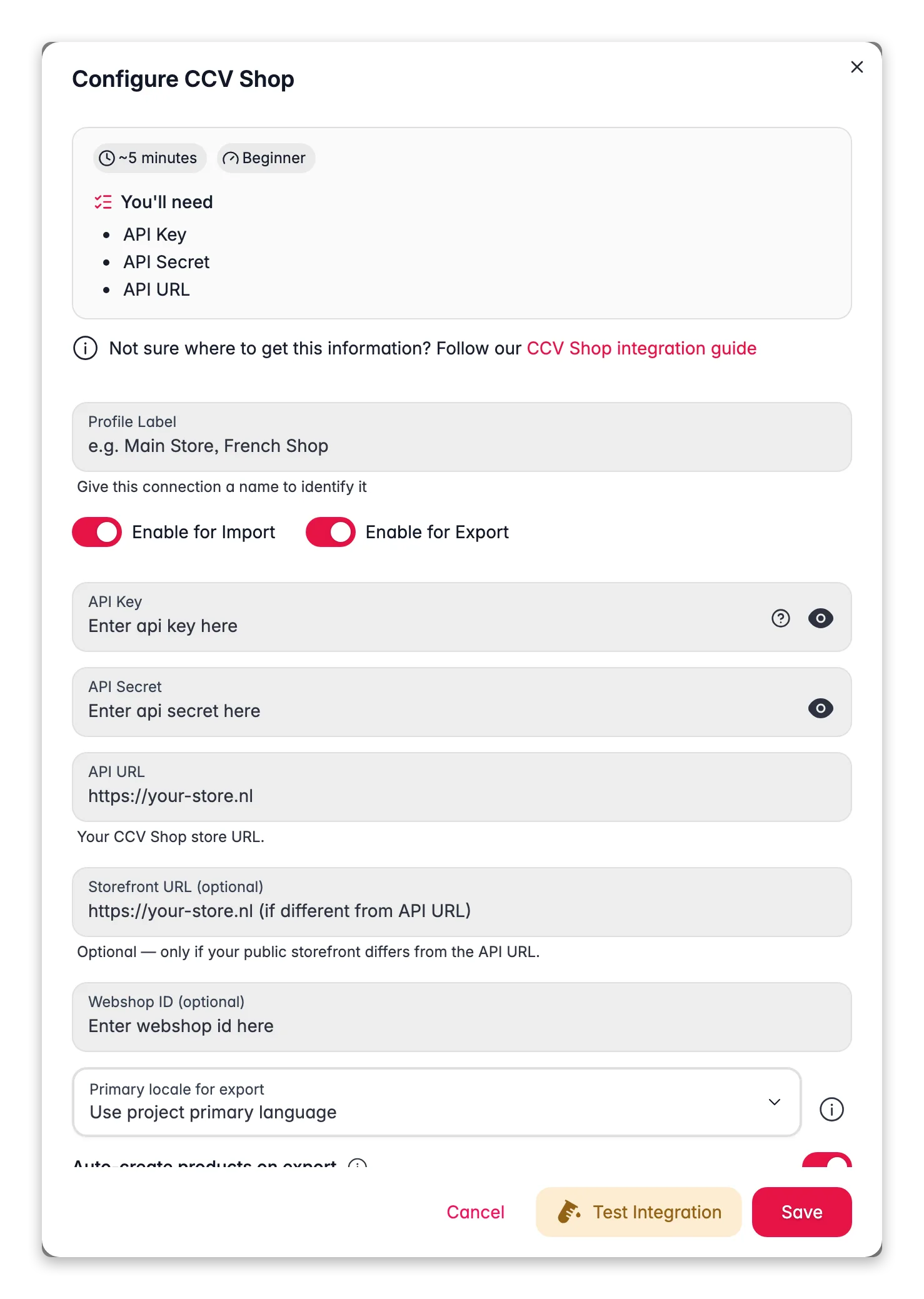 Connecting CCV Shop to WISEPIM, credentials, locale mapping and a live connection test