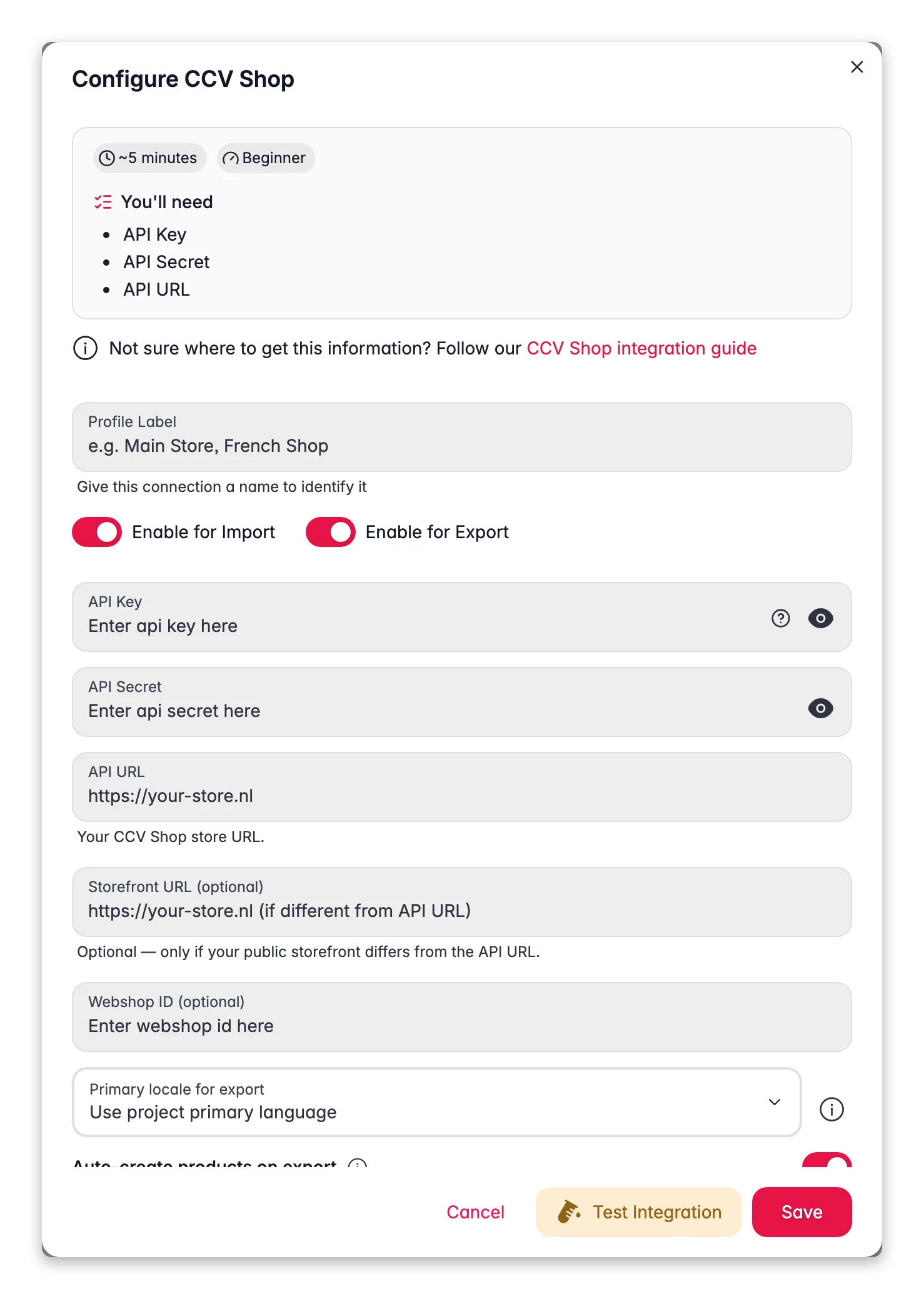 Connecting CCV Shop to WISEPIM, credentials, locale mapping and a live connection test