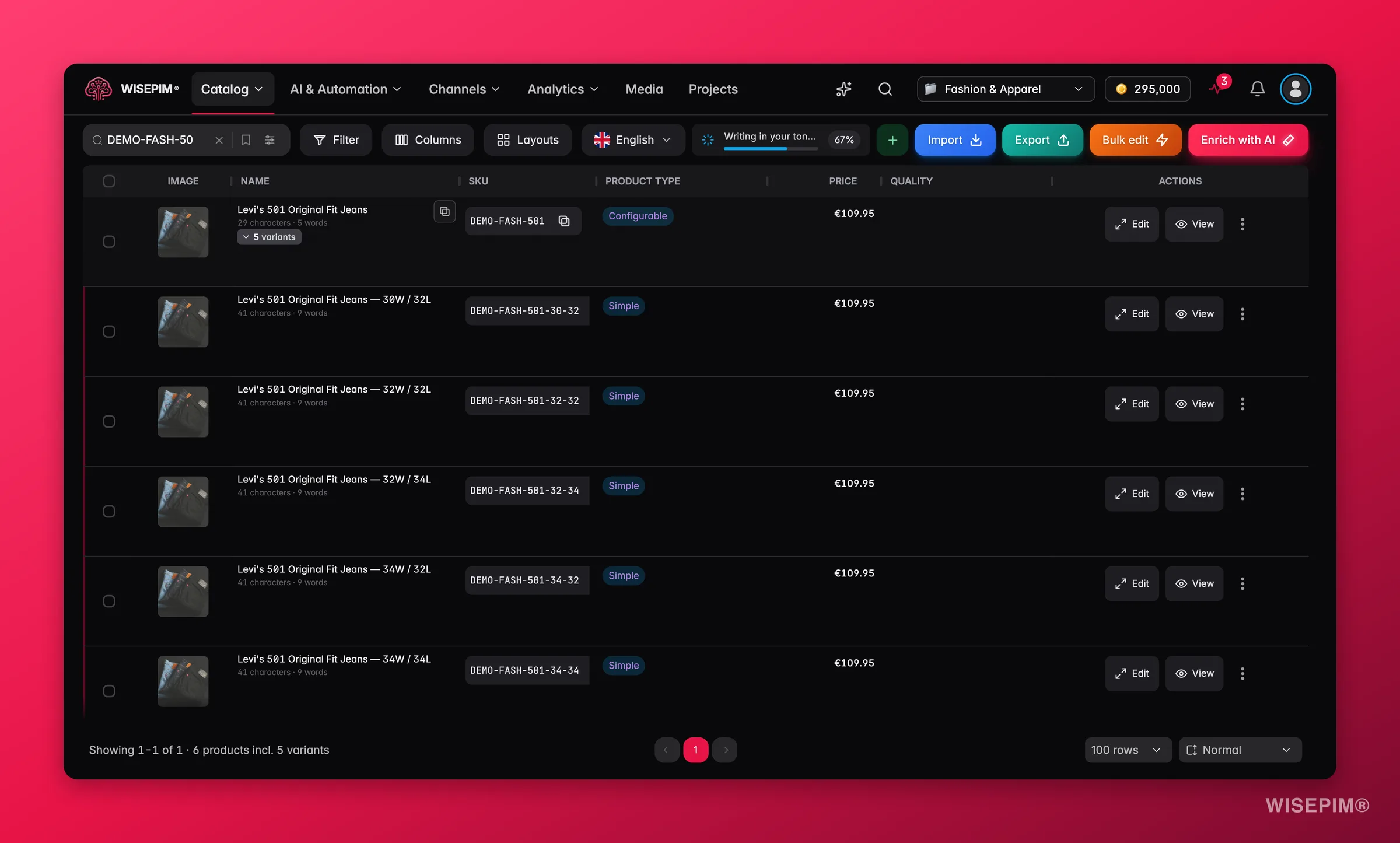 Tabla de productos de WISEPIM con un producto configurable de vaqueros desplegado para mostrar sus cinco variantes de talla, cada una un producto simple con su propio SKU