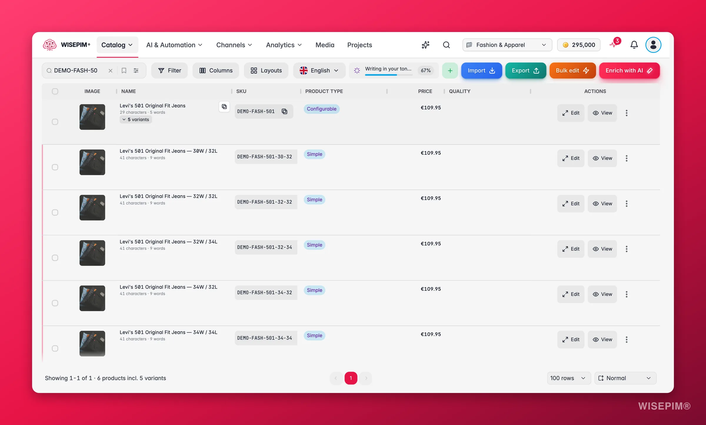 Tabla de productos de WISEPIM con un producto configurable de vaqueros desplegado para mostrar sus cinco variantes de talla, cada una un producto simple con su propio SKU