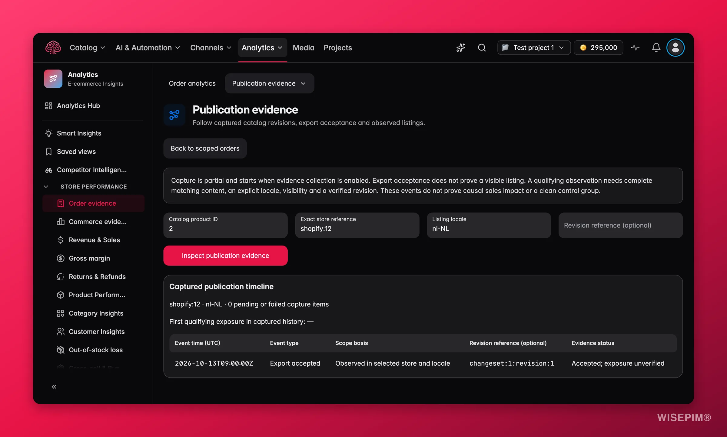 WISEPIM Zeitleiste Veröffentlichungen mit Produktänderungen, angenommenen Exporten und Live-gesehen-Ereignissen für ein Produkt