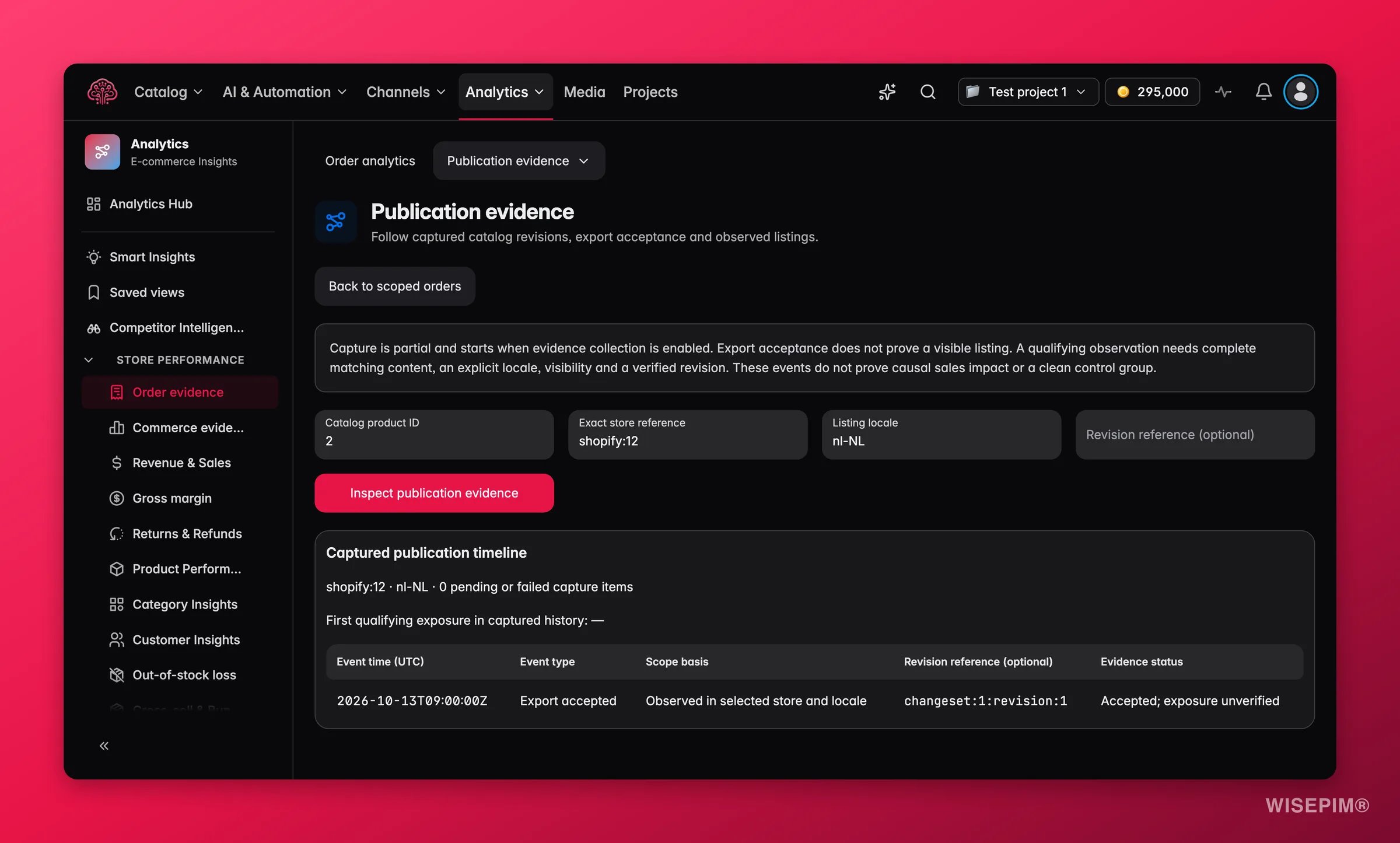 WISEPIM Listing history timeline with product changes, accepted exports and seen-live events for one product