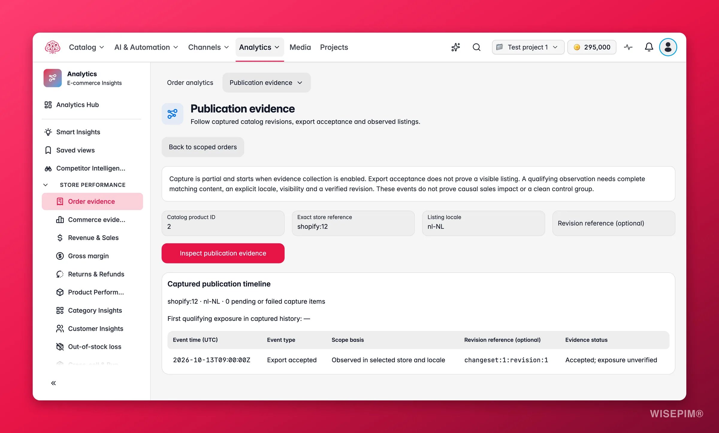 WISEPIM Listing history timeline with product changes, accepted exports and seen-live events for one product