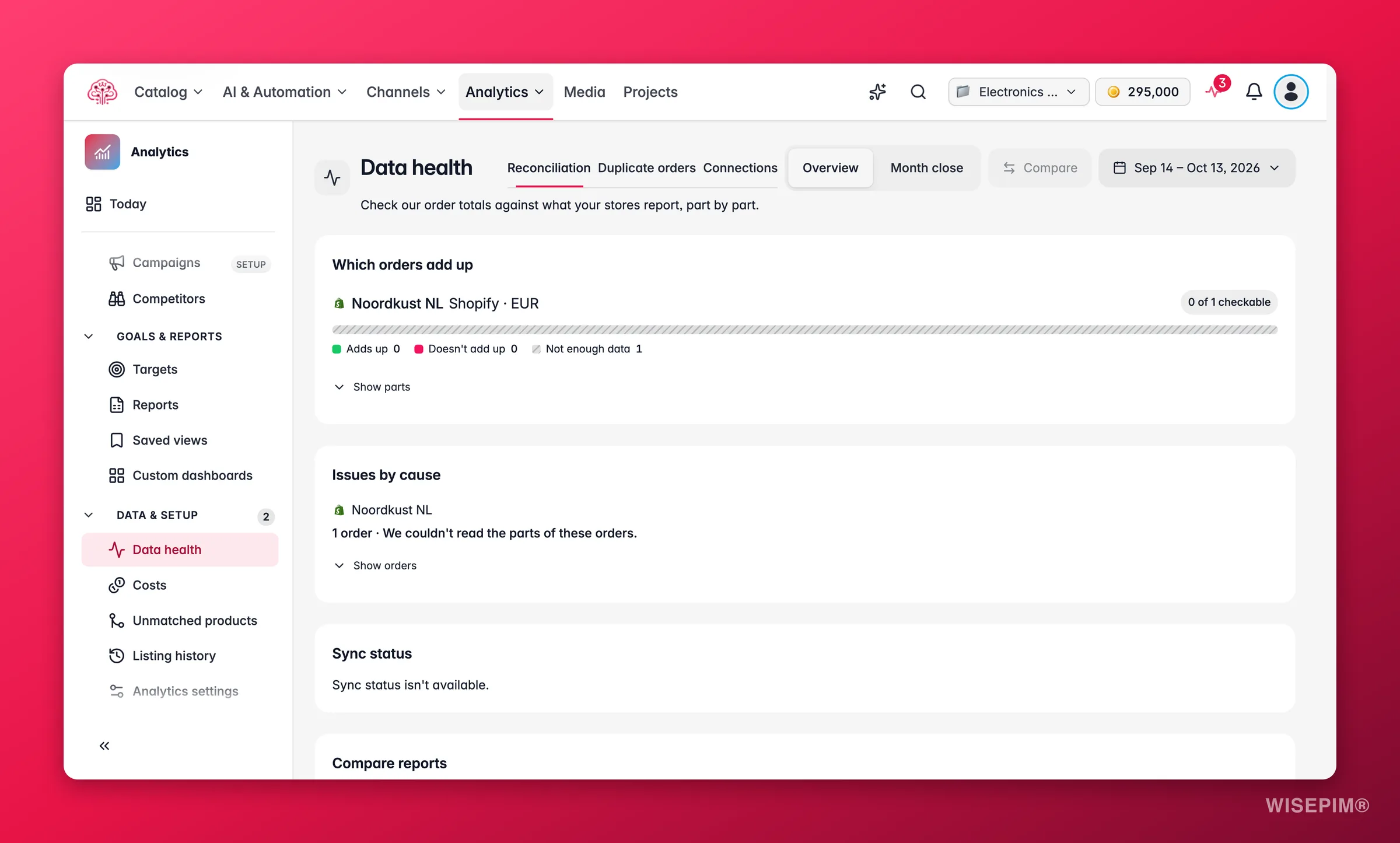 WISEPIM Abgleich in der Datenprüfung mit den stimmigen Bestellungen pro Shop, Abweichungen nach Ursache und Synchronisierungsstatus