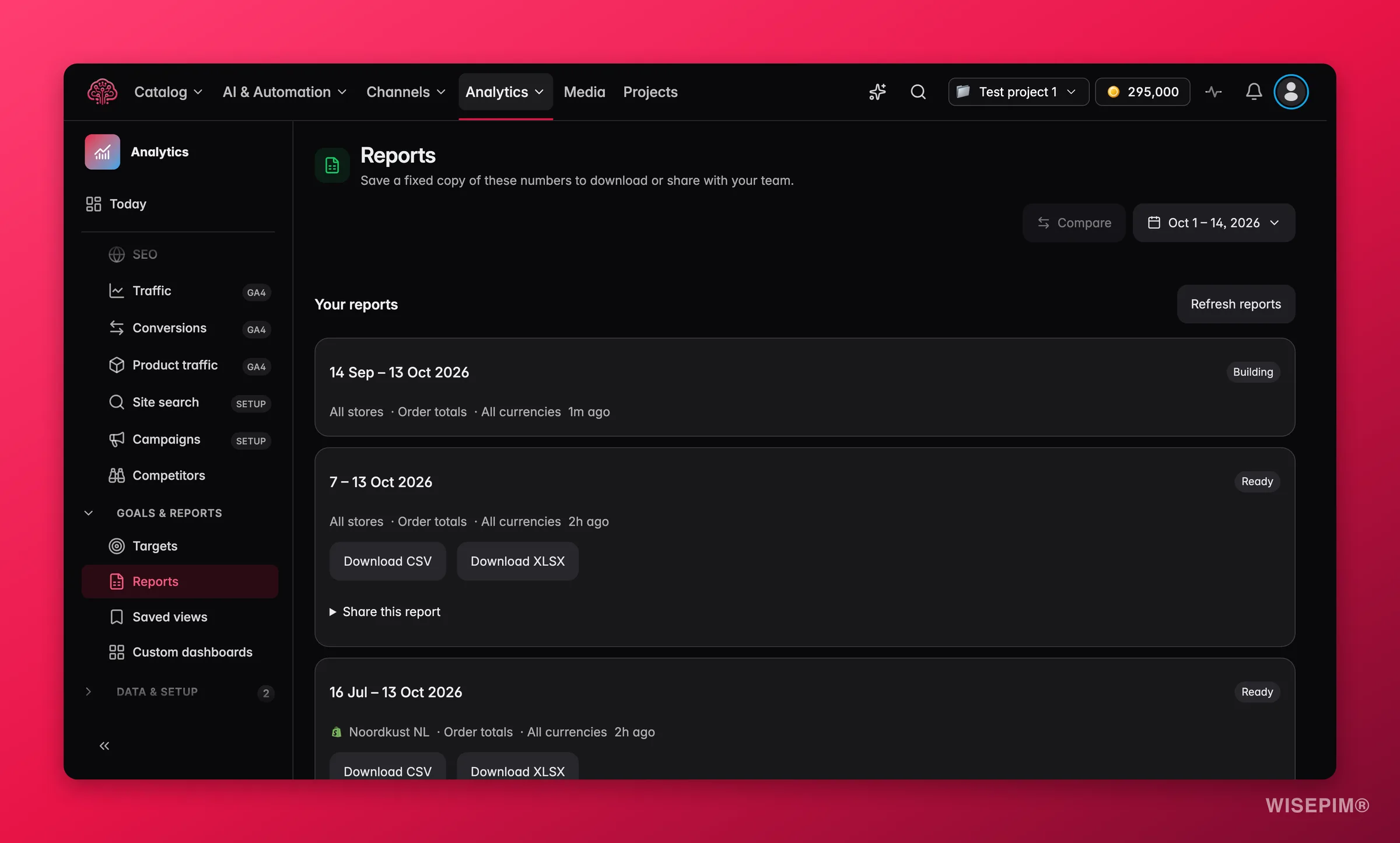 Página Informes de WISEPIM con tarjetas de informes guardados, los preajustes para crear un informe y los informes programados