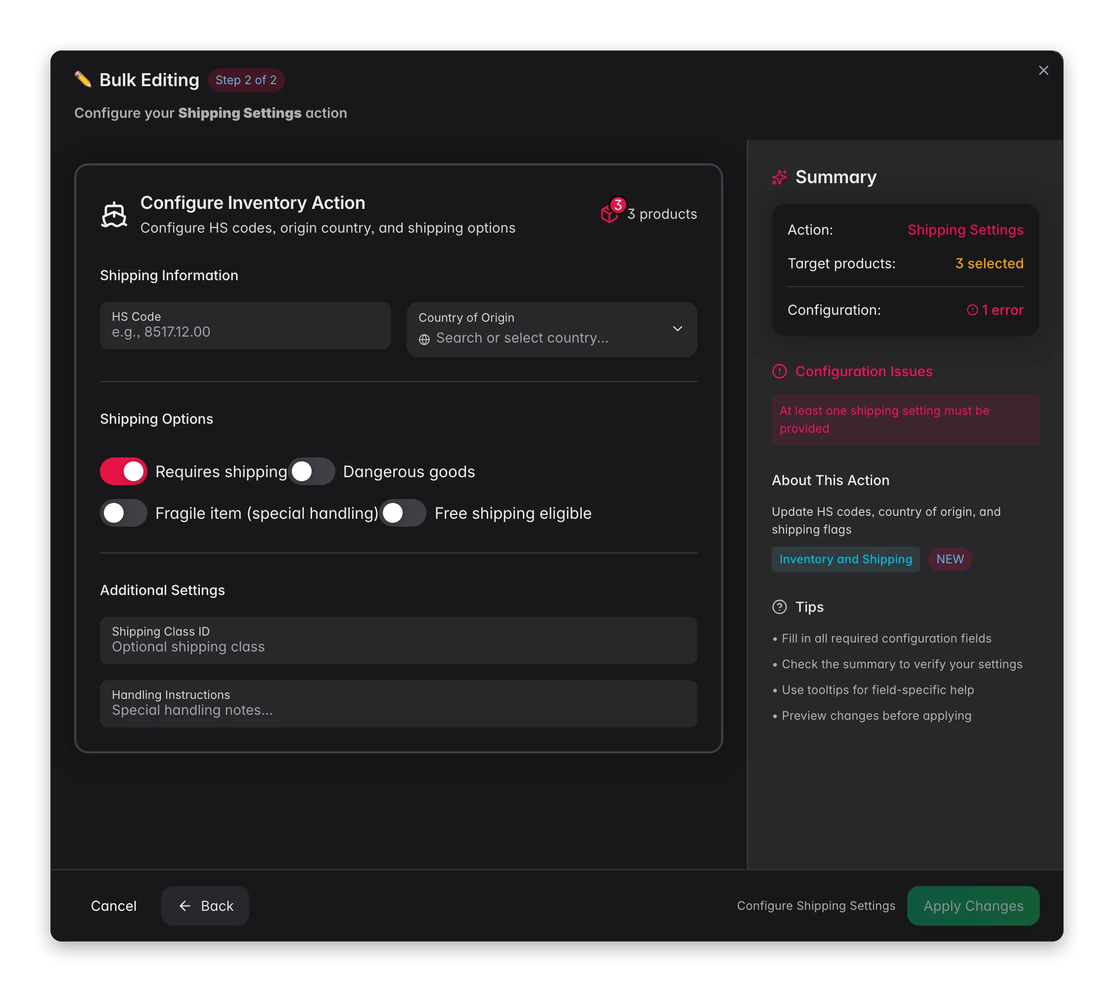 Bulk editing, Shipping Settings across many products at once in WISEPIM