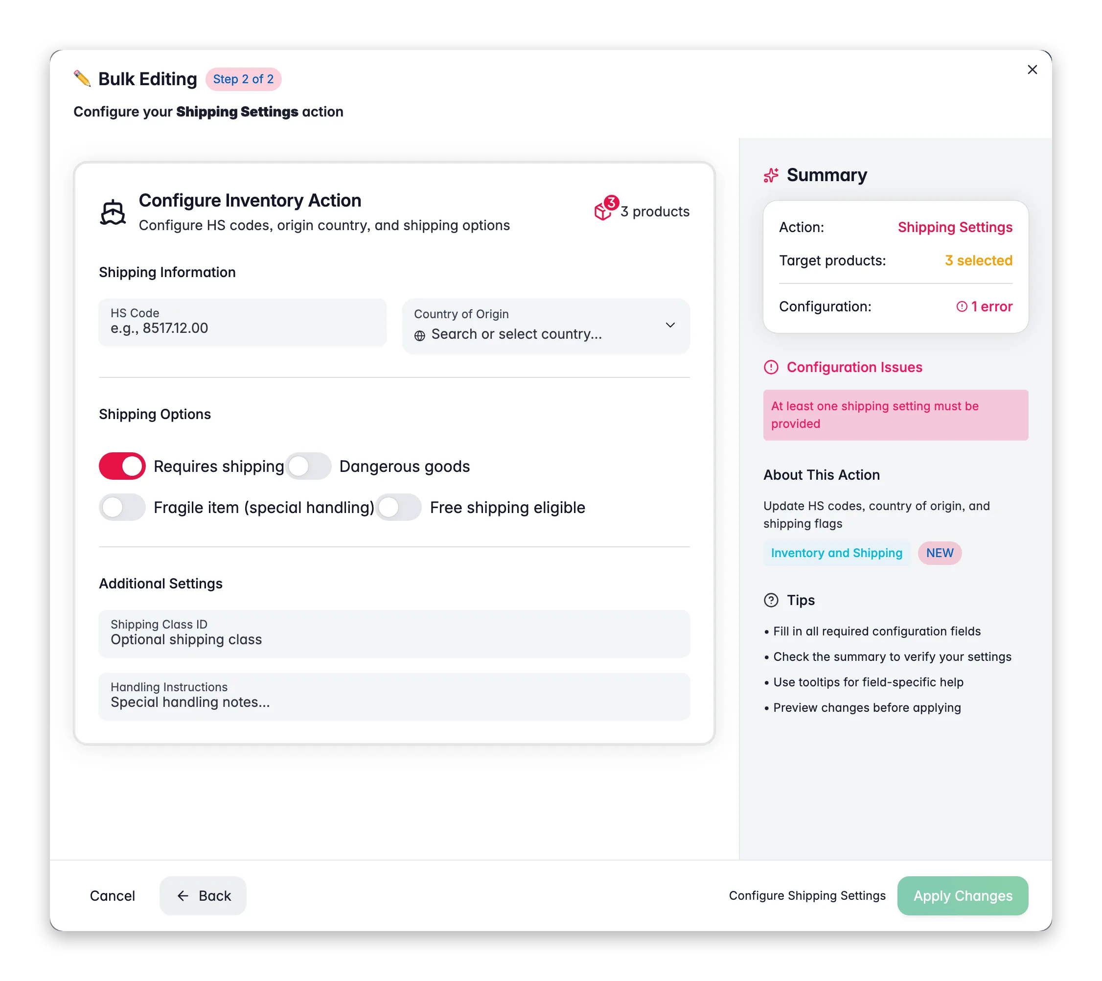 Bulk editing, Shipping Settings across many products at once in WISEPIM