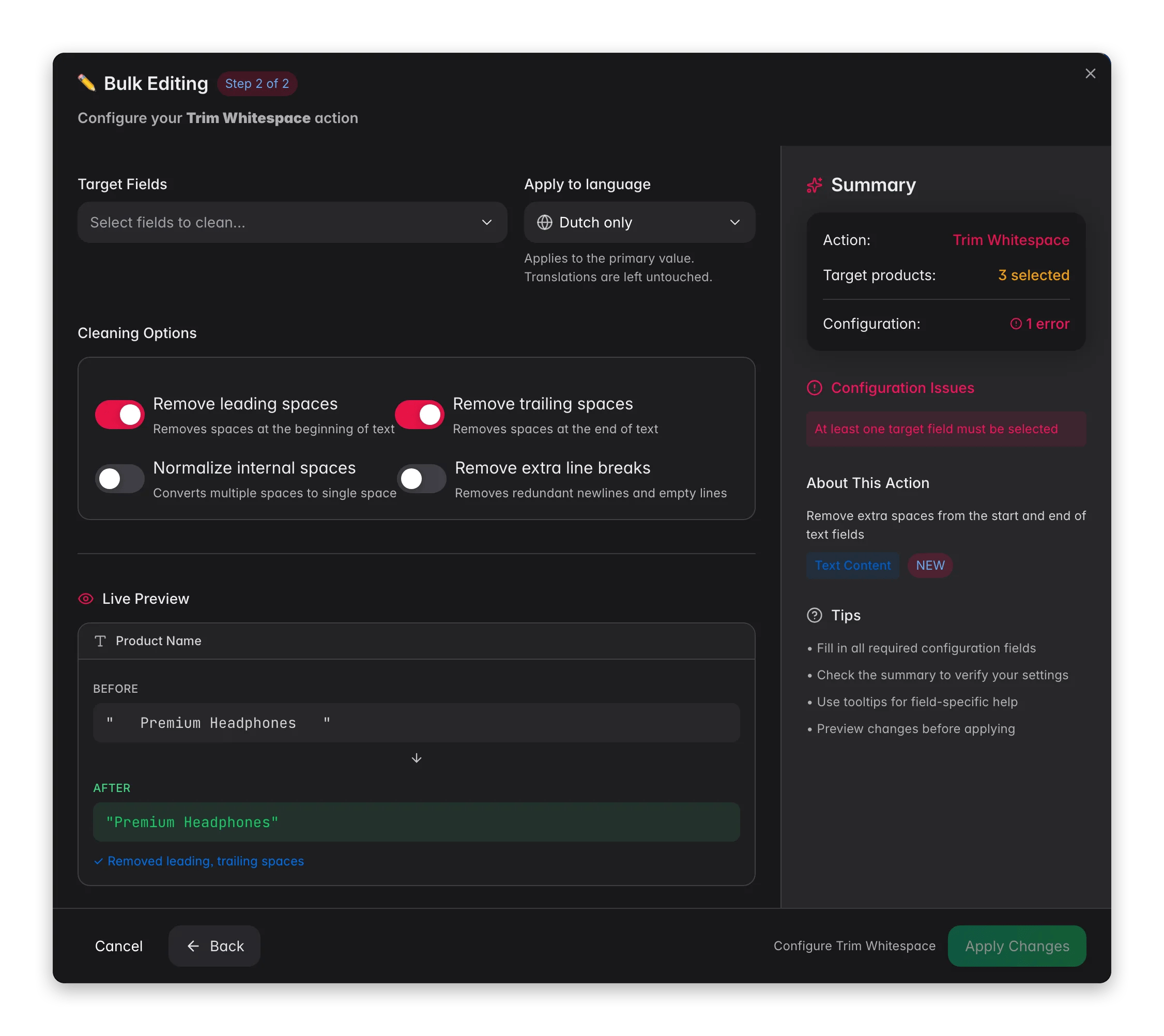 Bulk editing, Trim Whitespace across many products at once in WISEPIM