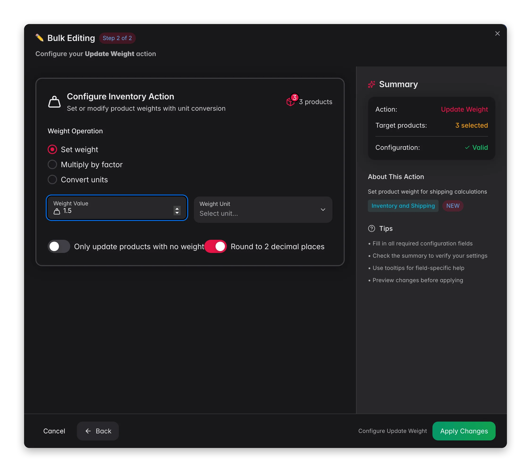 Bulk editing, Update Weight across many products at once in WISEPIM