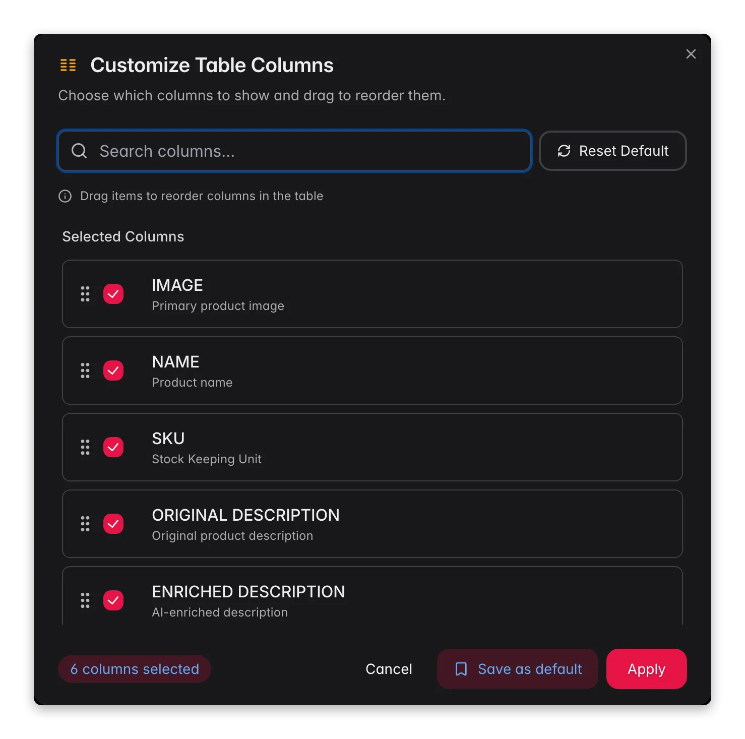Configuring which product columns are visible in WISEPIM