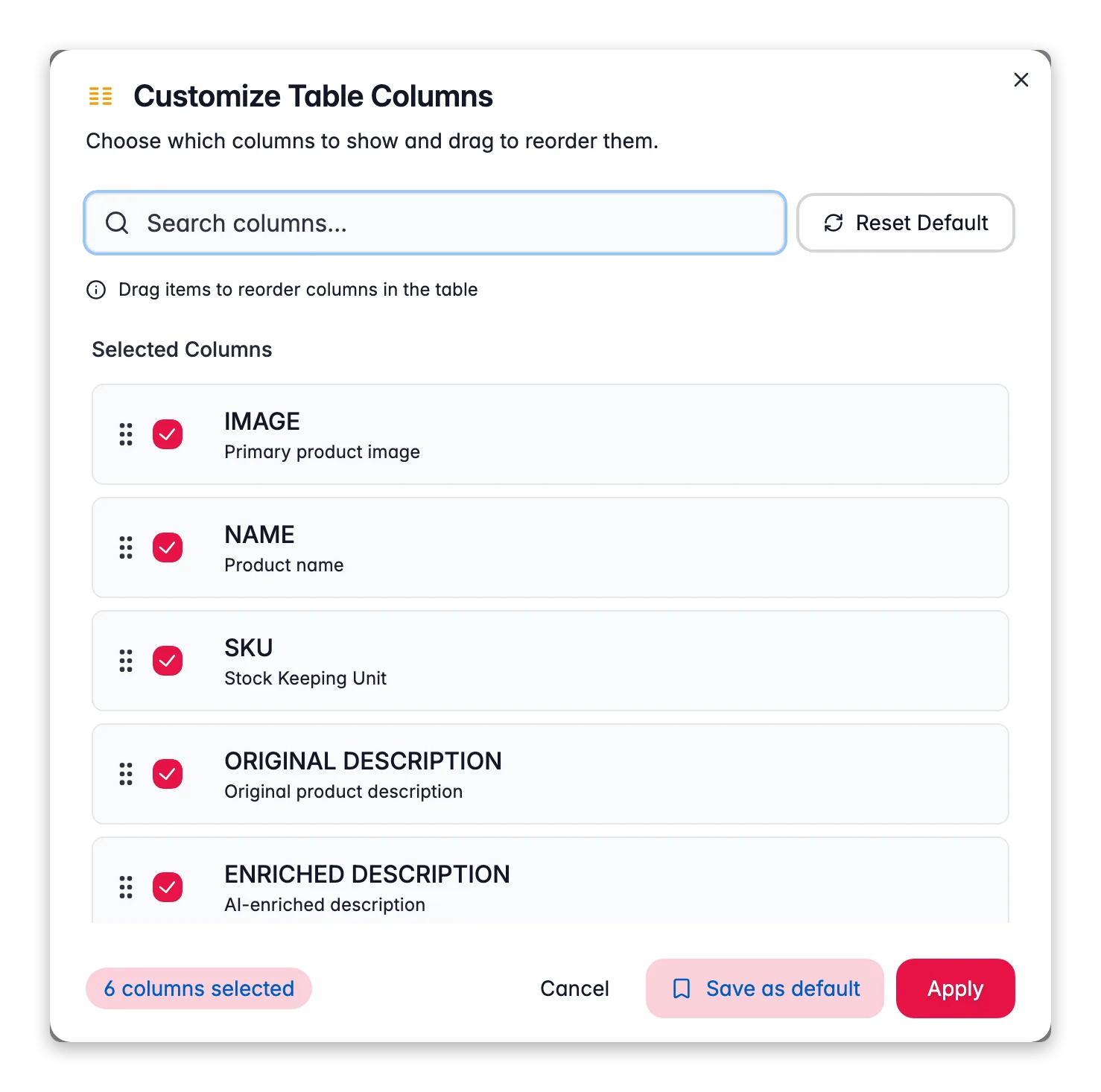 Configuring which product columns are visible in WISEPIM