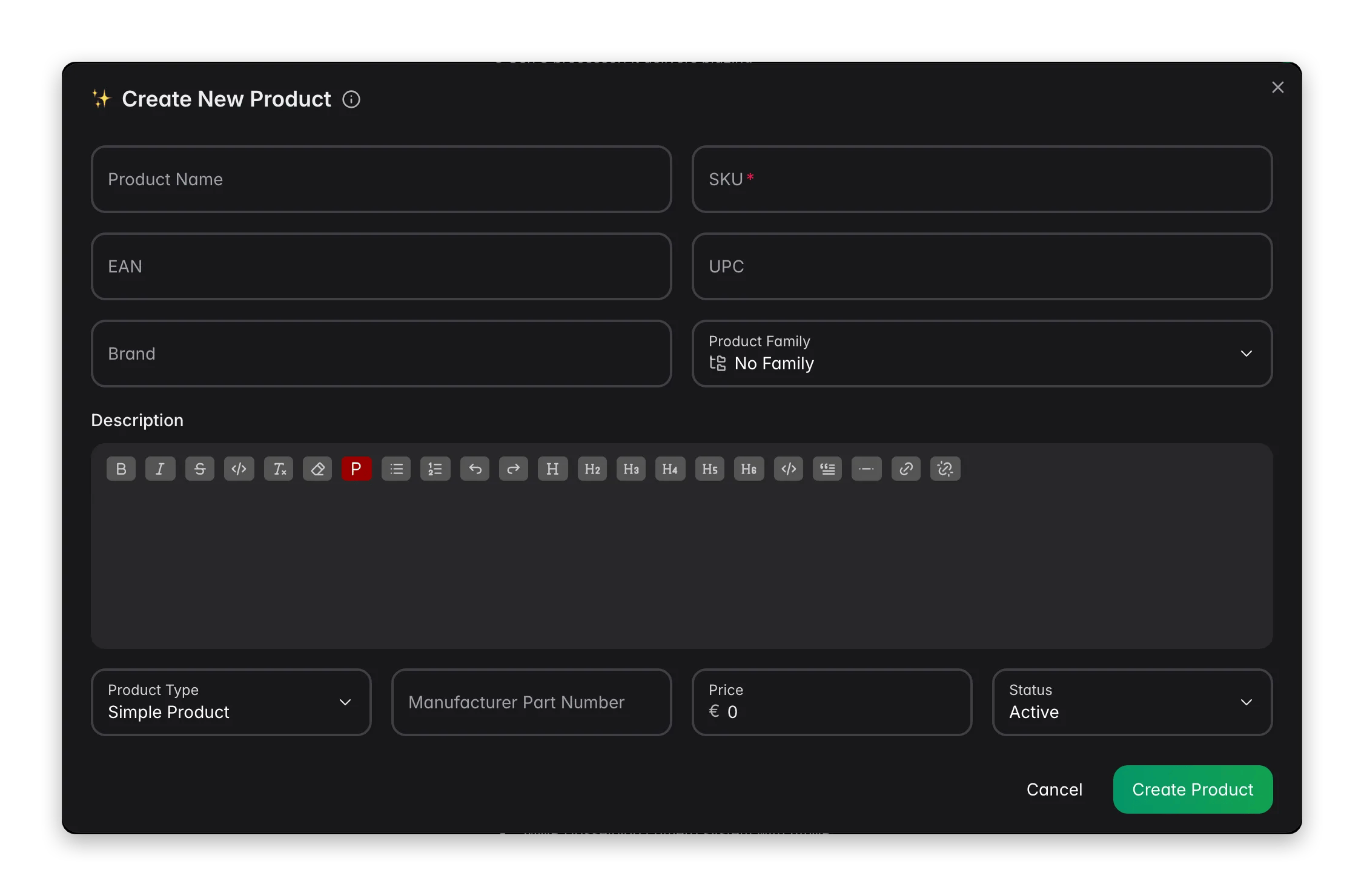 Creating a new product in WISEPIM with AI-assisted fields