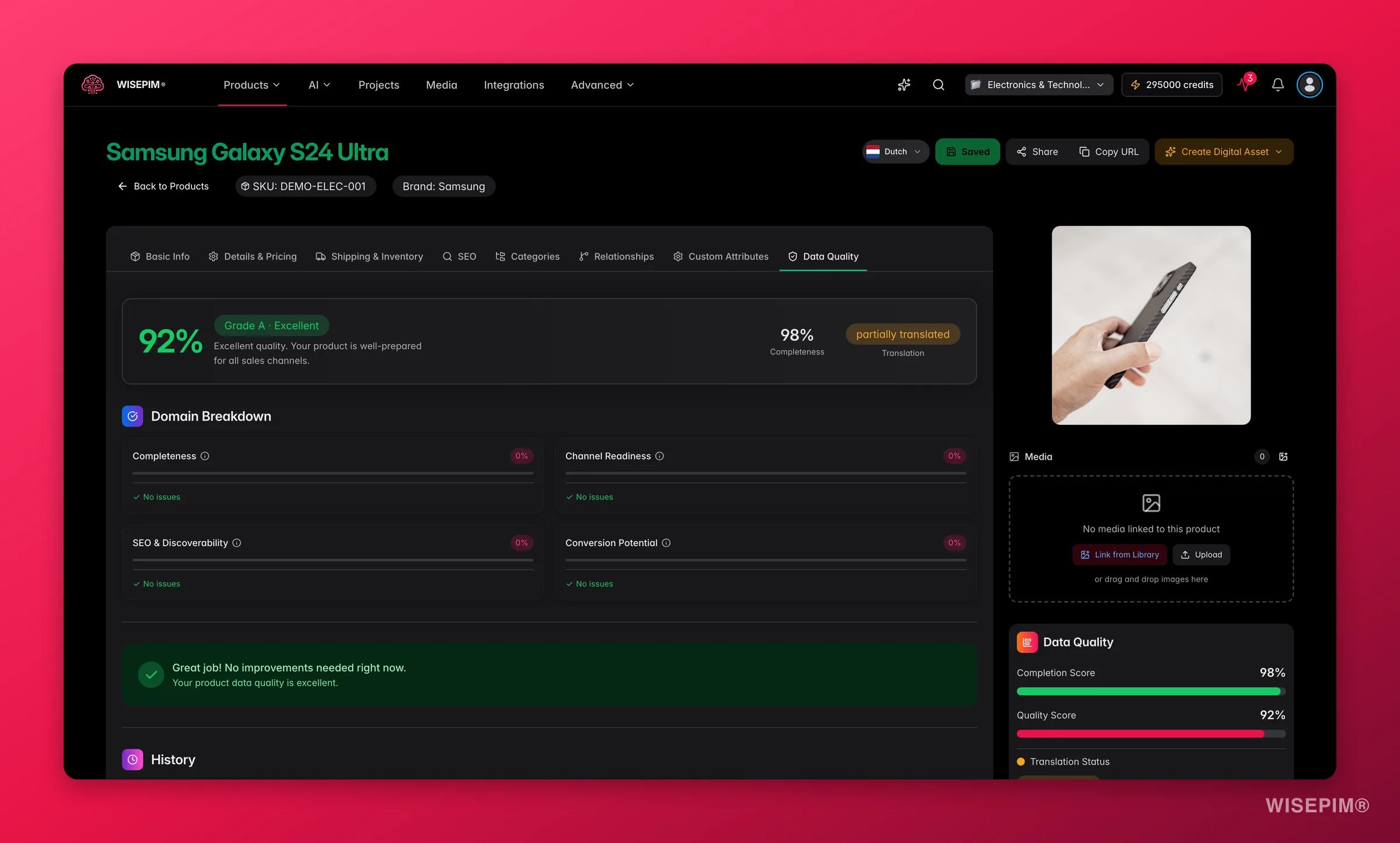 WISEPIM product editor Data Quality tab with domain scores and field-level recommendations