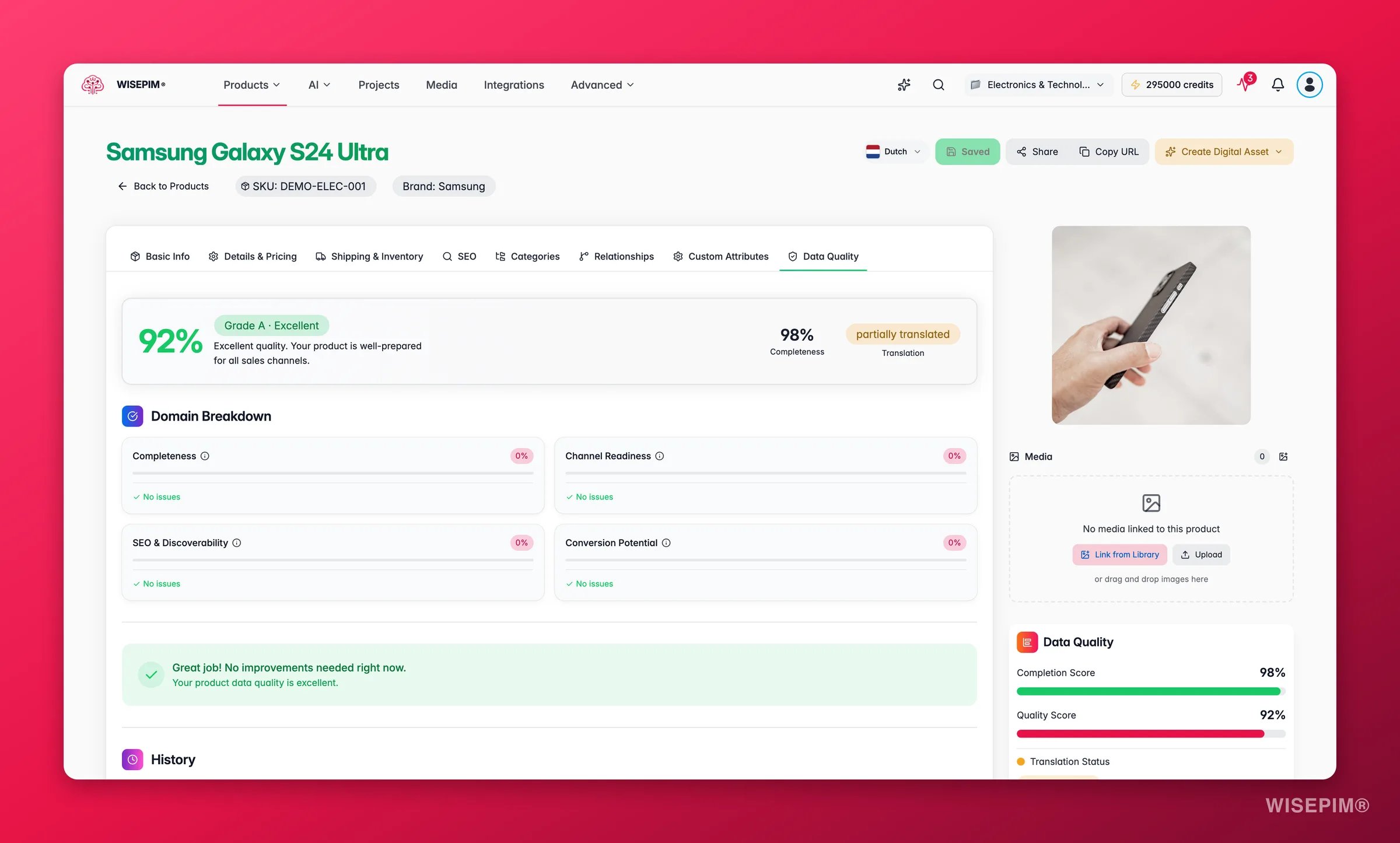 WISEPIM product editor Data Quality tab with domain scores and field-level recommendations