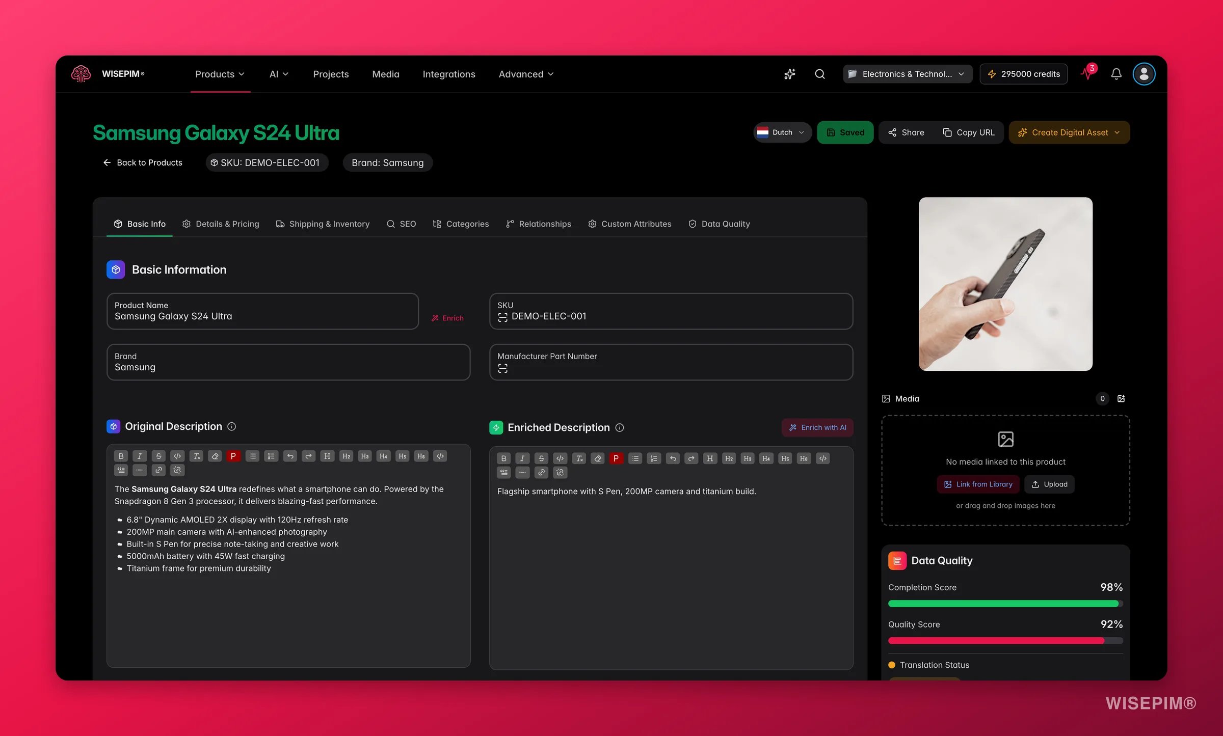 WISEPIM full product editor with tabbed sections and a live quality/completion sidebar
