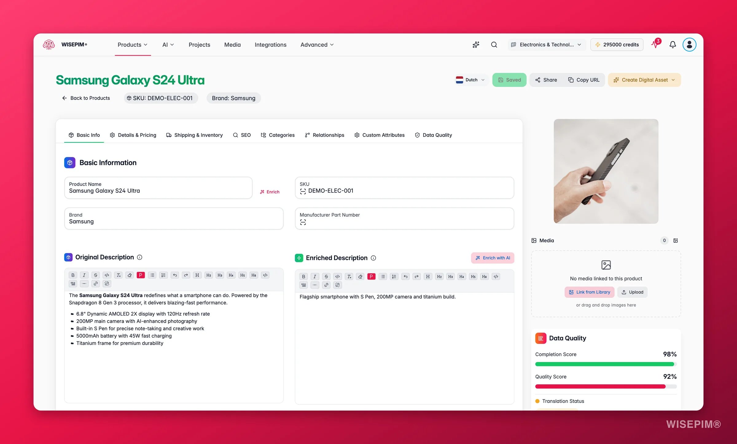 WISEPIM full product editor with tabbed sections and a live quality/completion sidebar