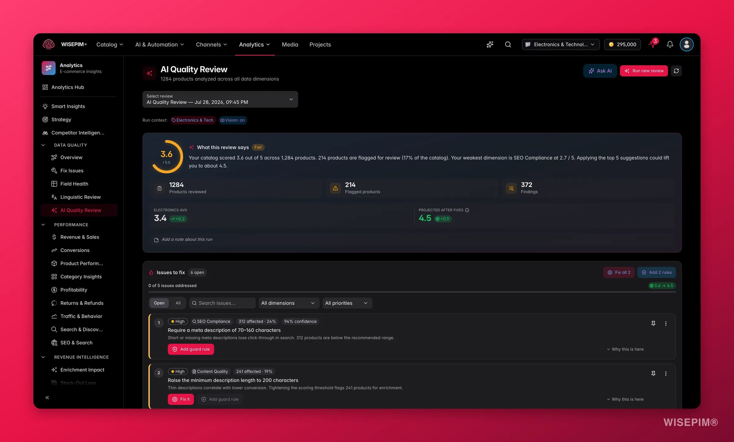 WISEPIM AI Quality Review scoring the catalog across data-quality dimensions with one-click fixes