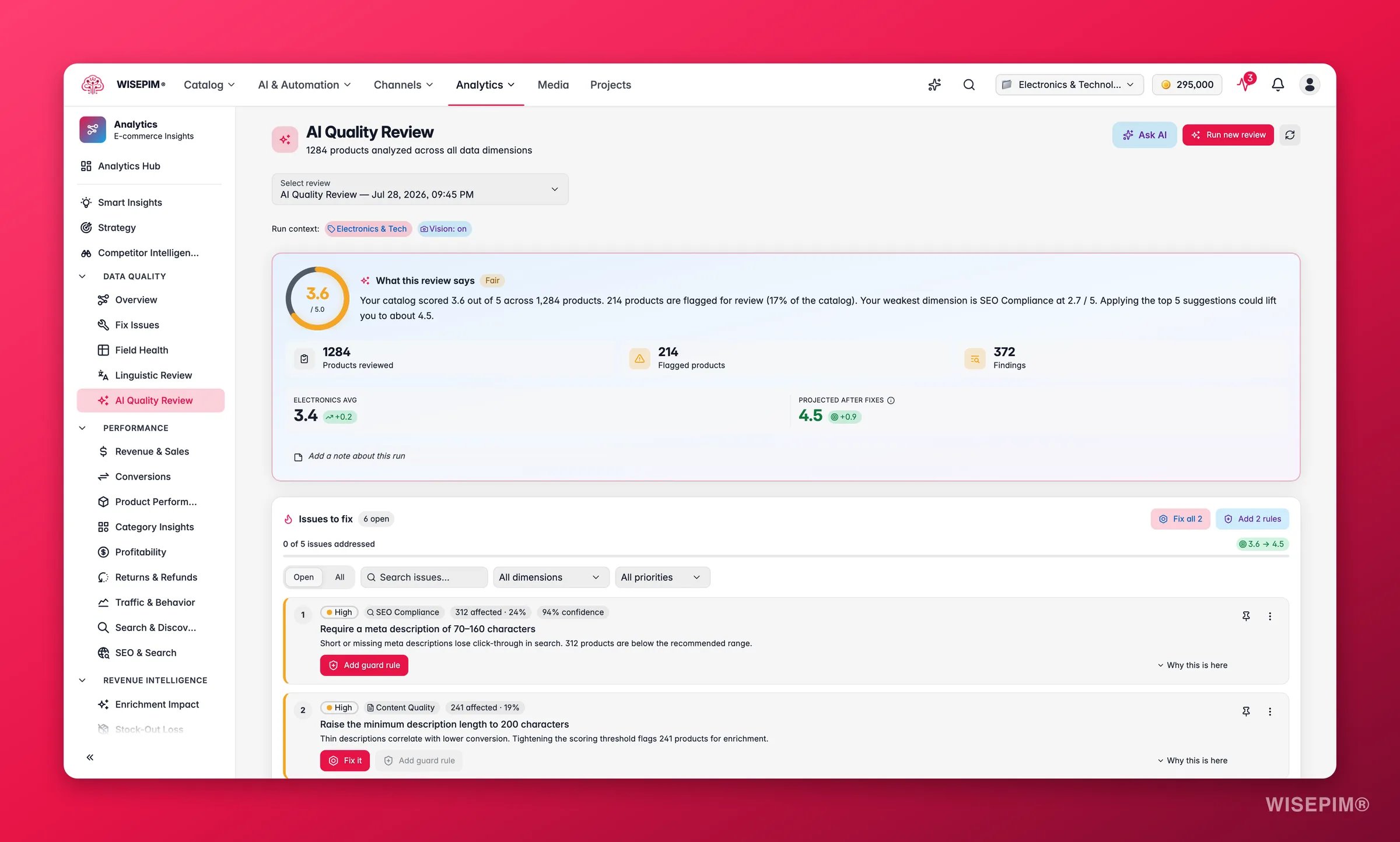WISEPIM AI Quality Review scoring the catalog across data-quality dimensions with one-click fixes