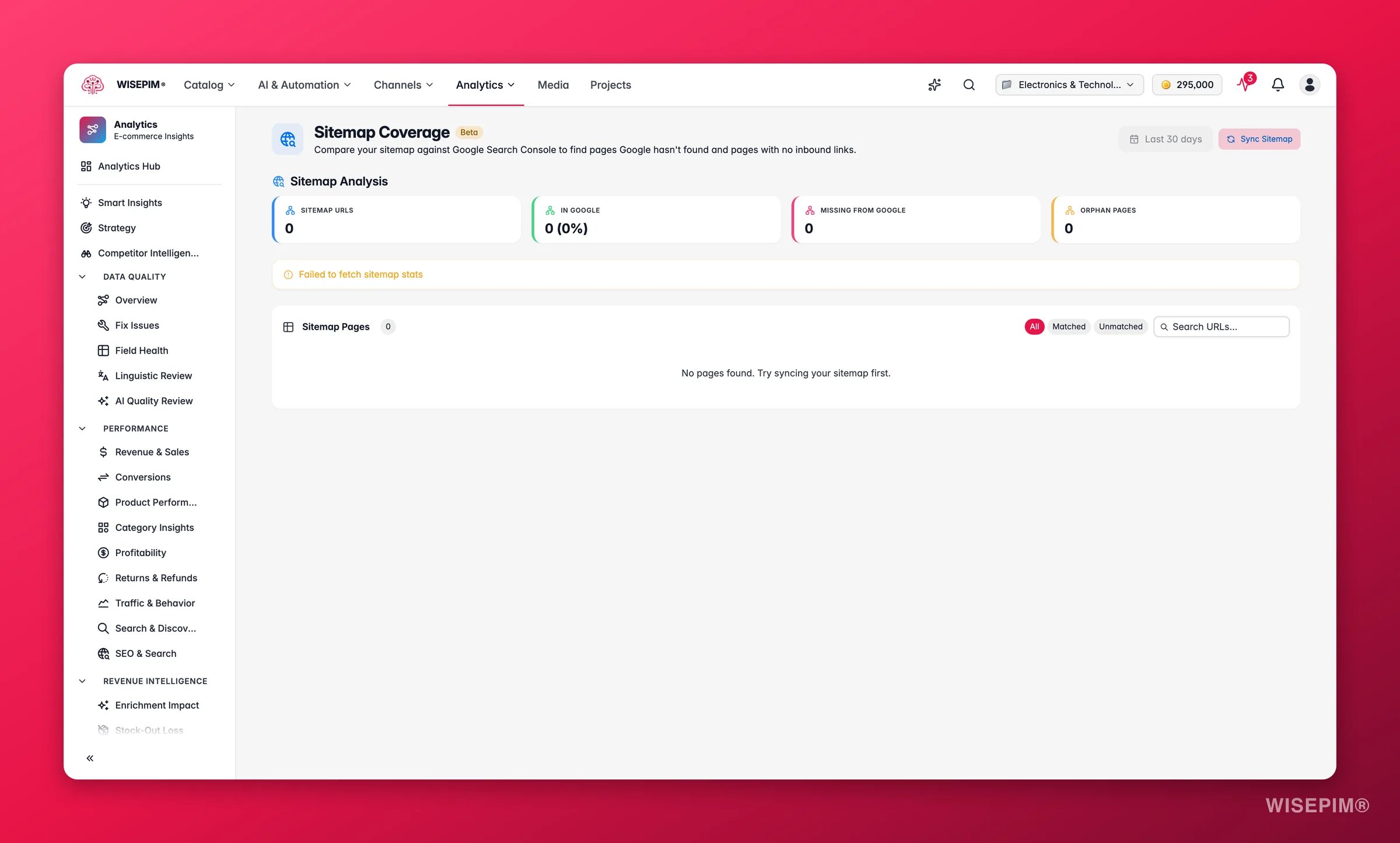 WISEPIM SEO sitemap coverage cross-referenced with Search Console data