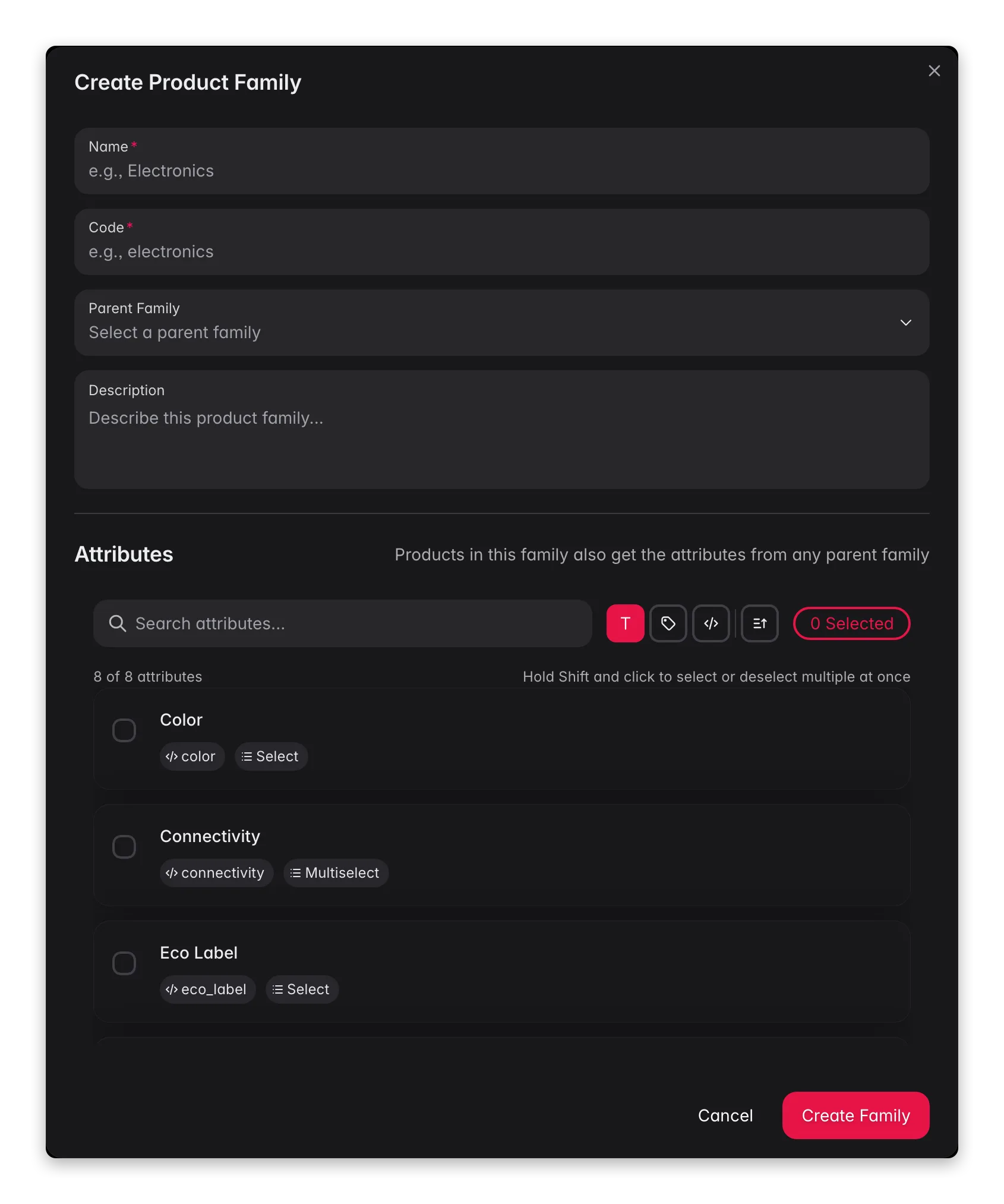 WISEPIM new product family modal with parent, code and per-attribute variant/required config