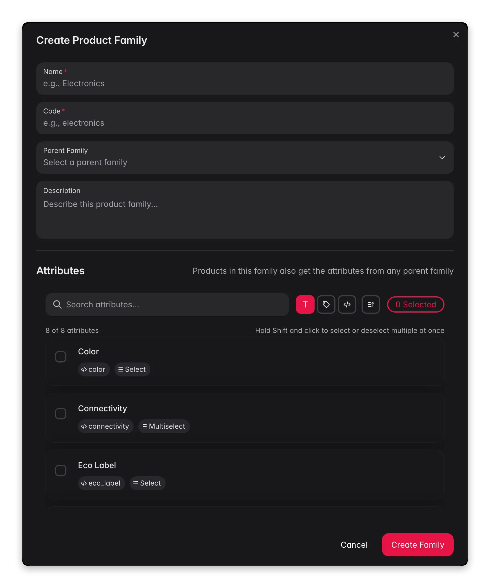 WISEPIM new product family modal with parent, code and per-attribute variant/required config