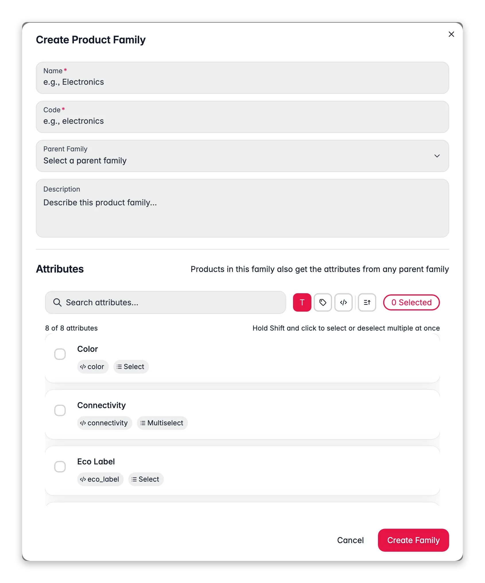 WISEPIM new product family modal with parent, code and per-attribute variant/required config